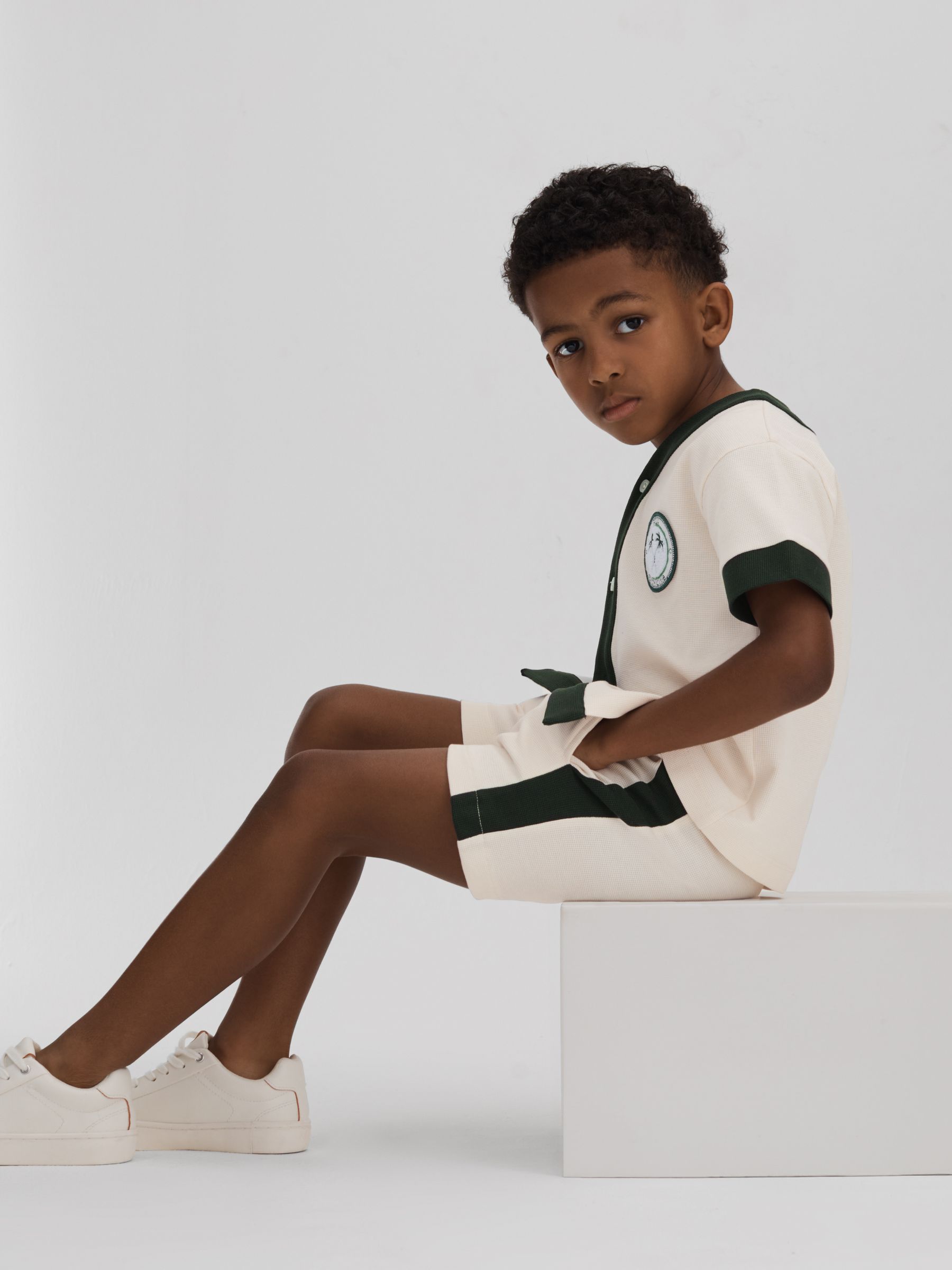9-13 yrs Textured Cotton Drawstring Shorts in Ecru/Green - Image 1 of 4