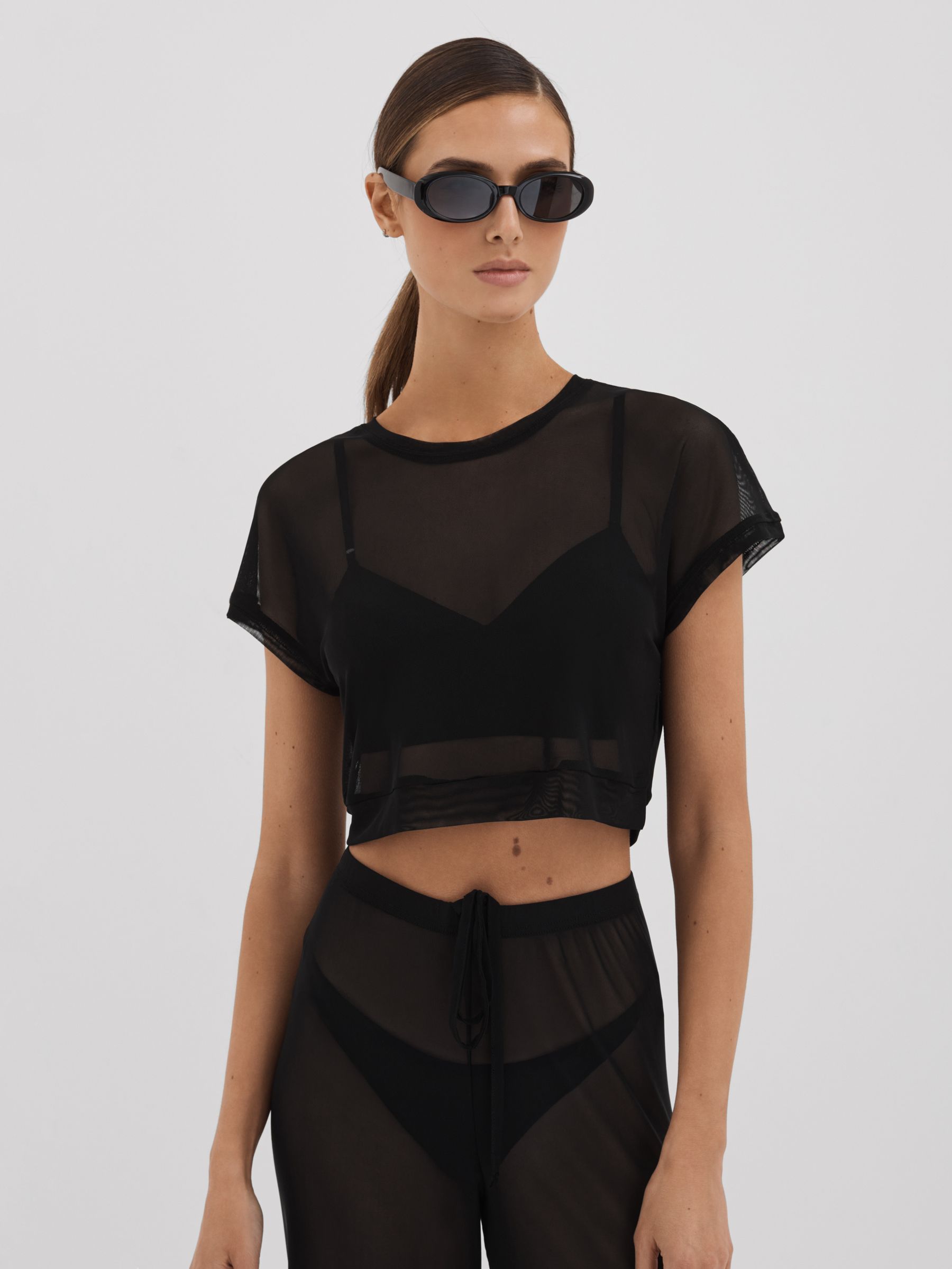 Good American Sheer Mesh Cropped Top in Black - Image 1 of 5