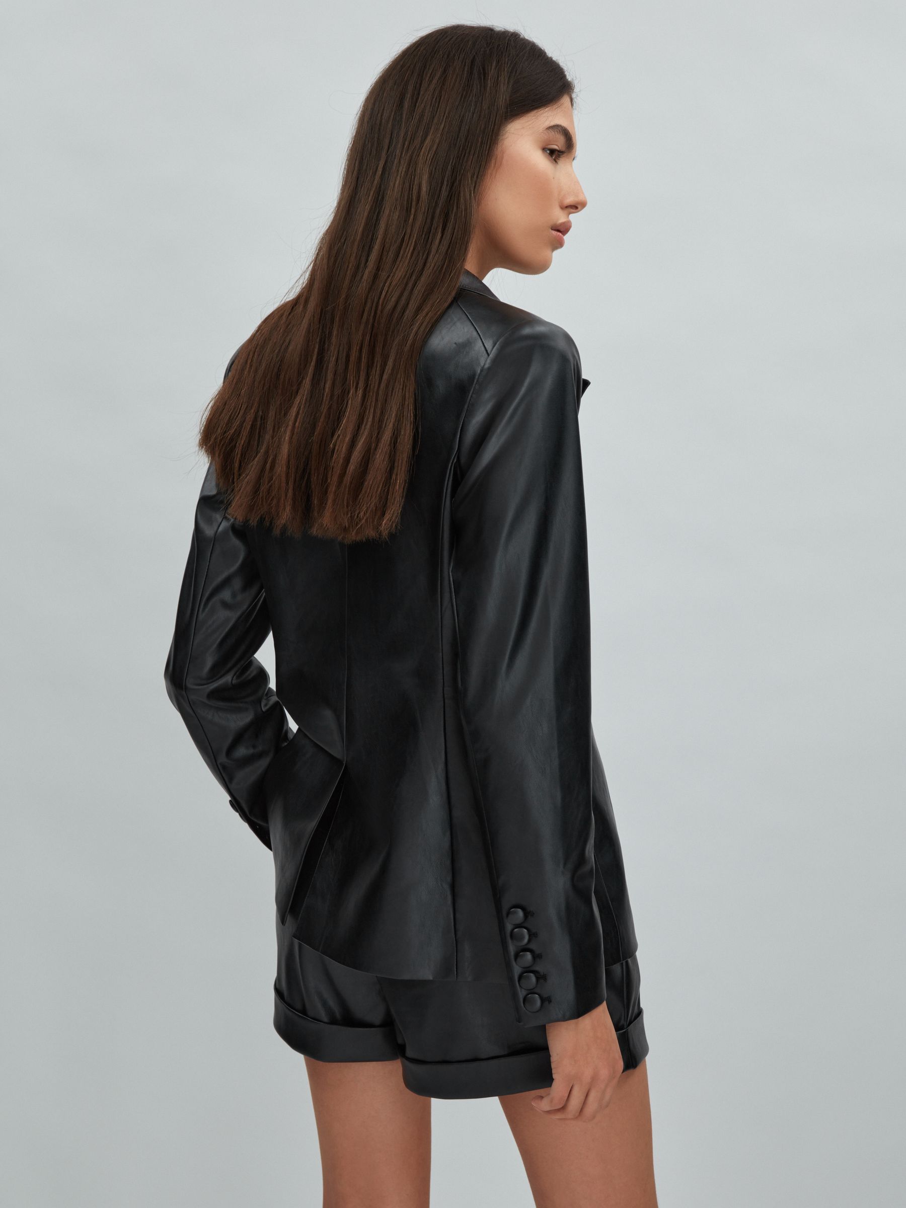 Paige Relaxed Faux Fur Leather Single Breasted Blazer in Black - Image 3 of 4