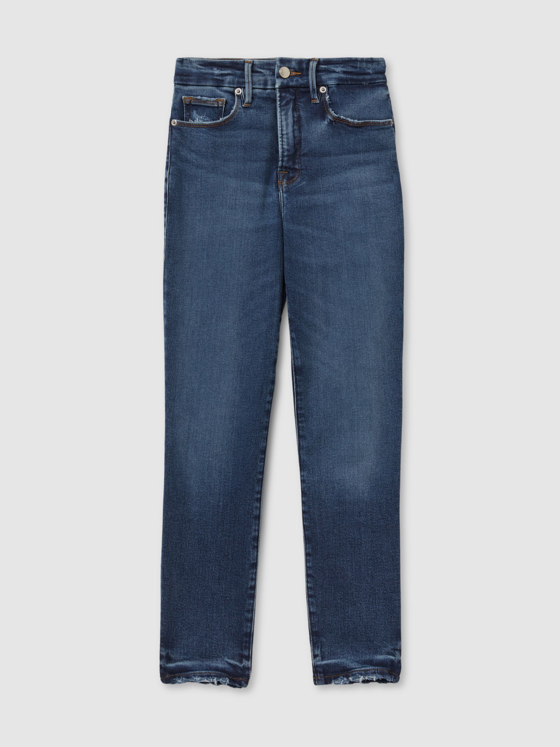 Good American Mid Rise Raw Hem Skinny Jeans in Indigo - Image 1 of 2