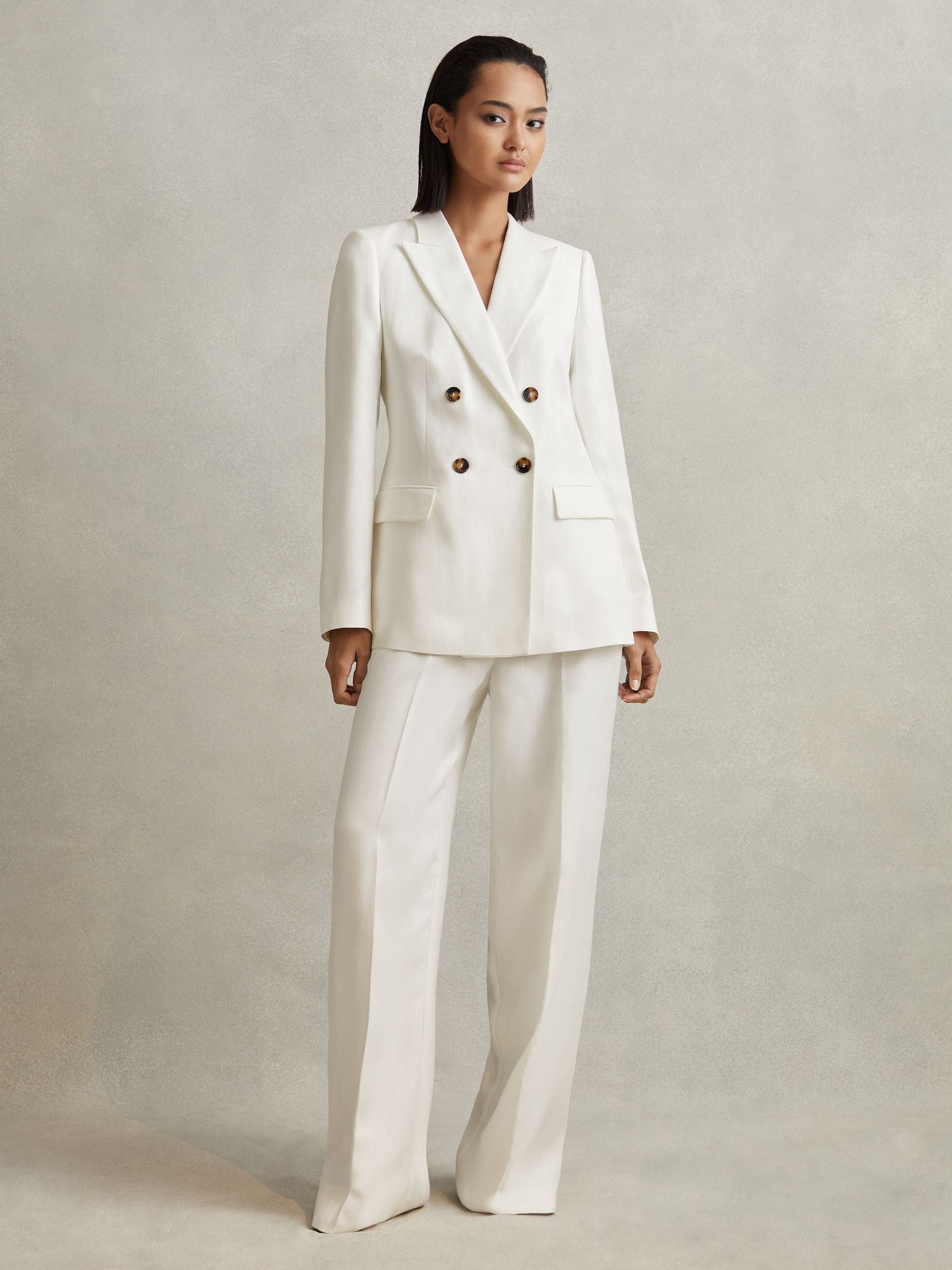 Viscose-Linen Double Breasted Suit Blazer in White - Image 3 of 7