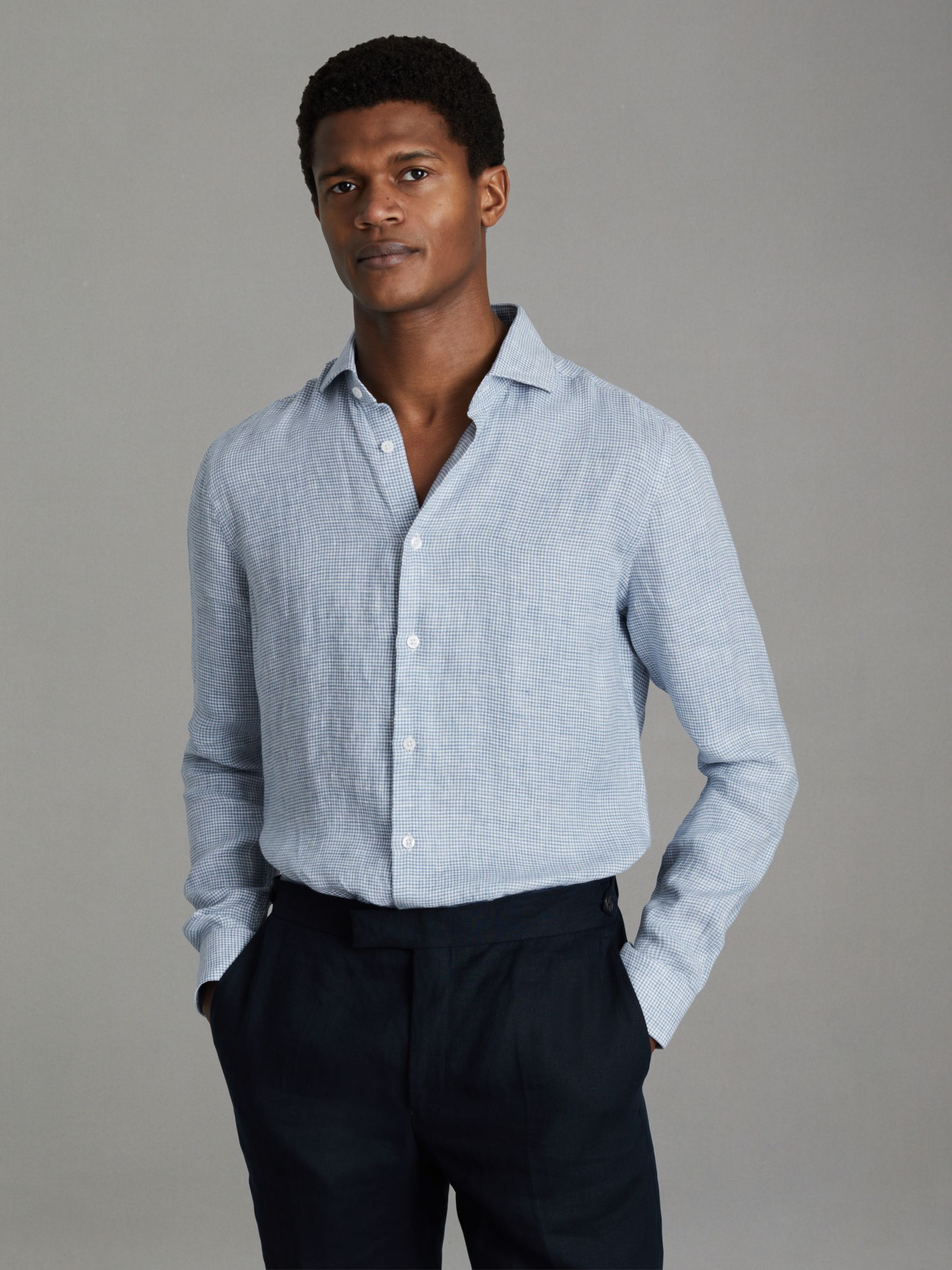 Linen Button-Through Shirt in Soft Blue Puppytooth - Image 1 of 6