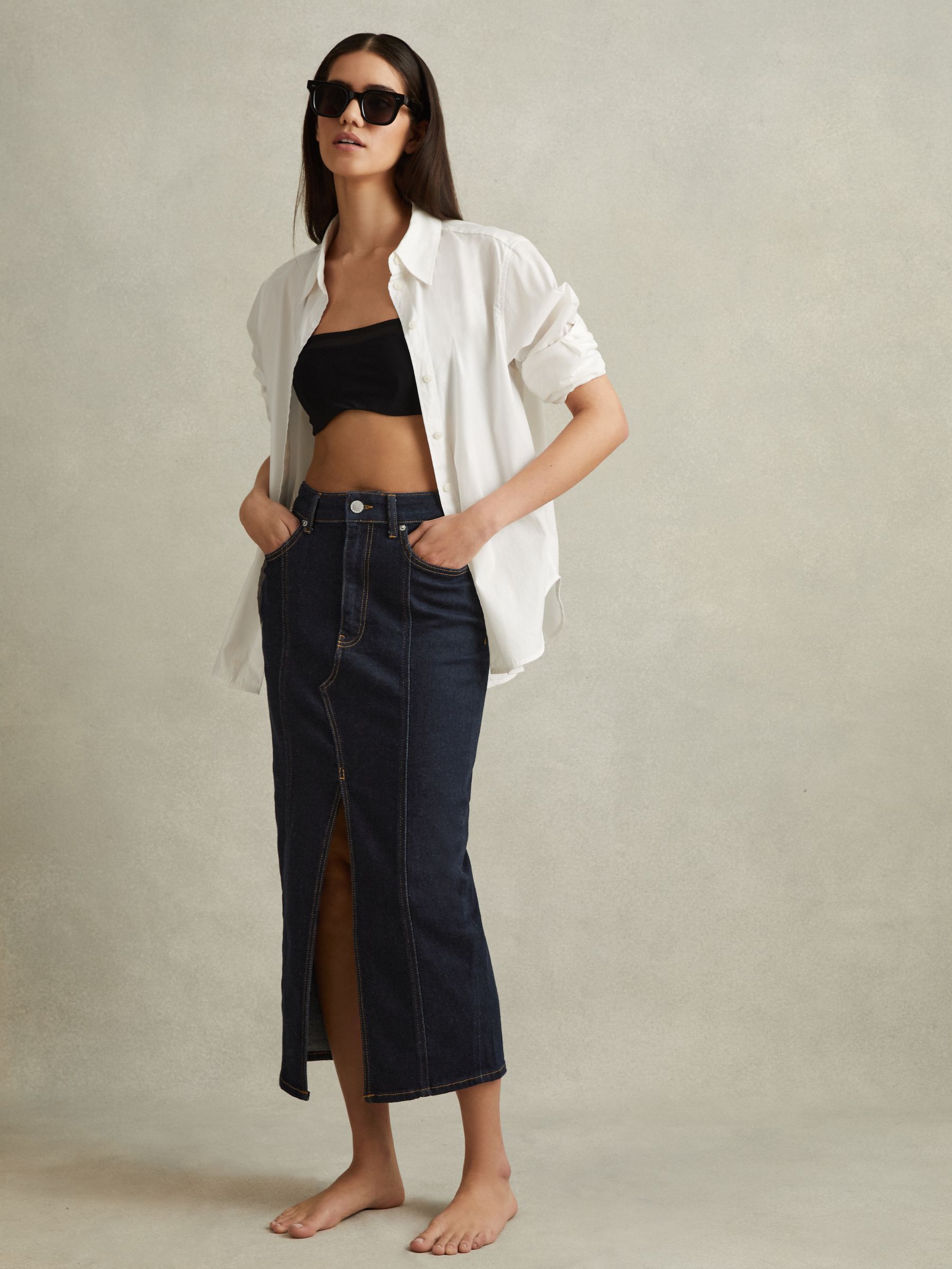 High Rise Denim Midi Skirt in Indigo - Obrázek 1 z 6