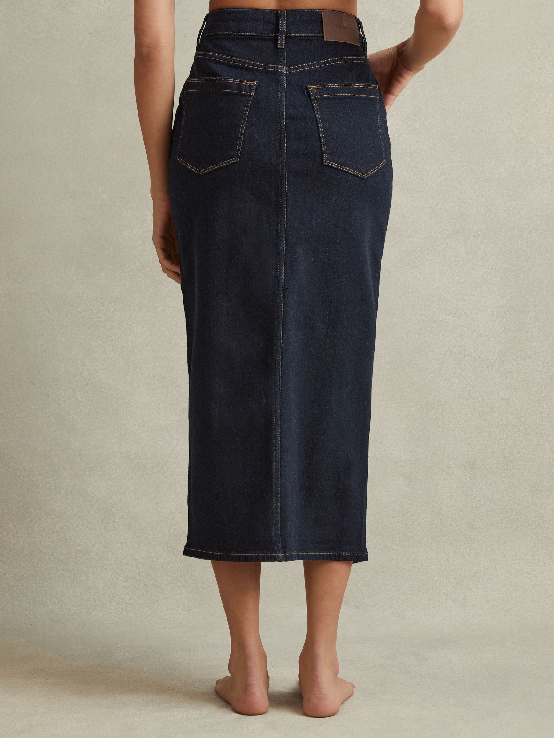 Reiss High Rise Denim Midi Skirt in Indigo | REISS