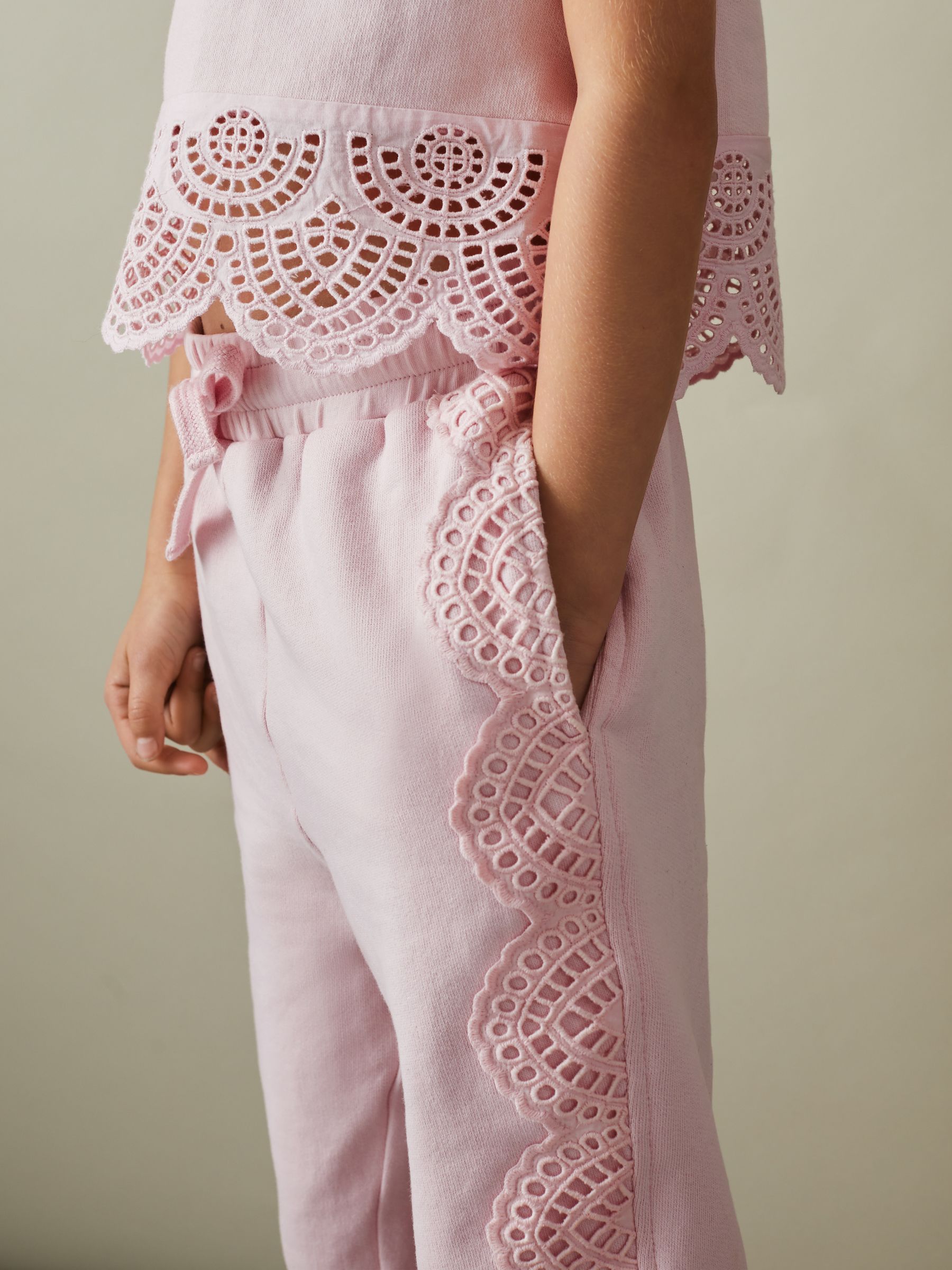 4-9 yrs Cotton Broderie Drawstring Trousers in Pink - Image 1 of 4