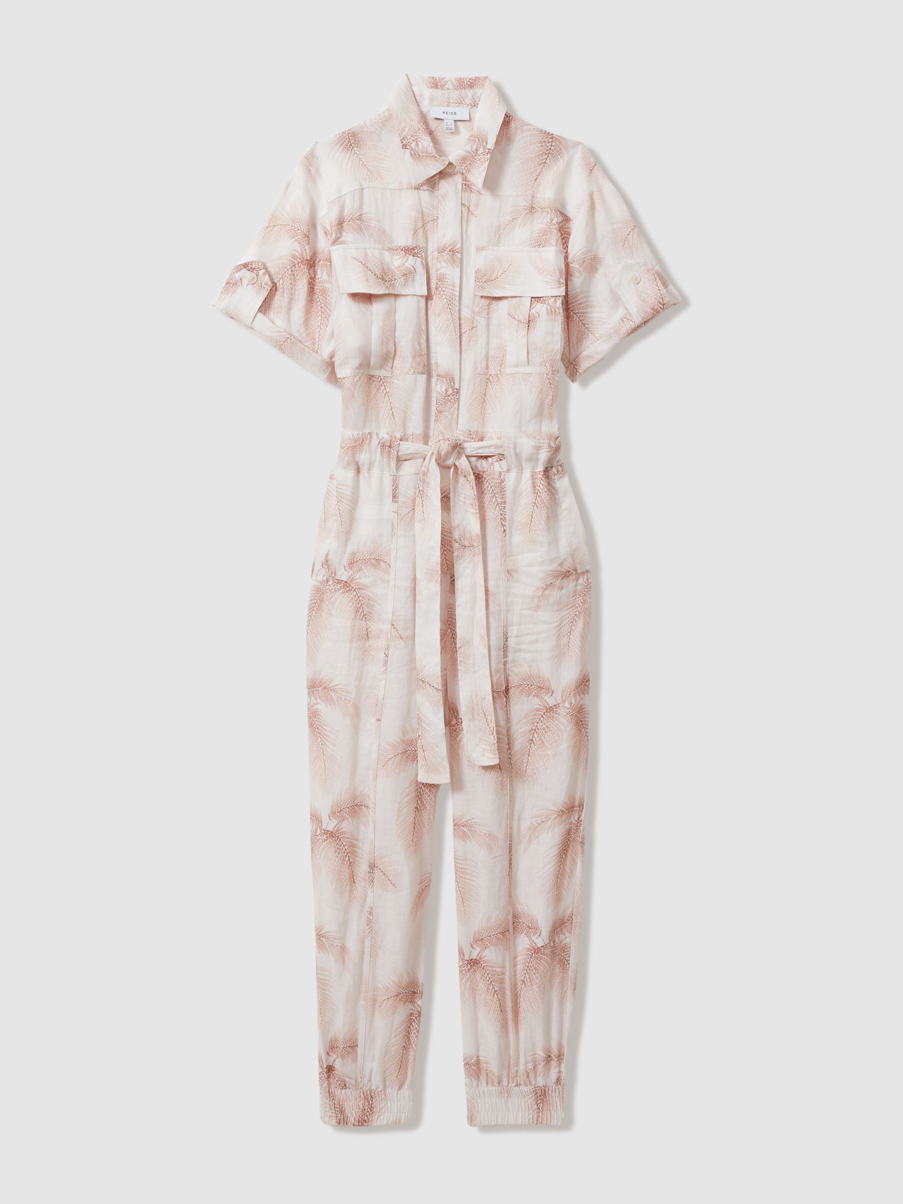 Linen Tropical Print Belted Jumpsuit in Blush - Image 2 of 5
