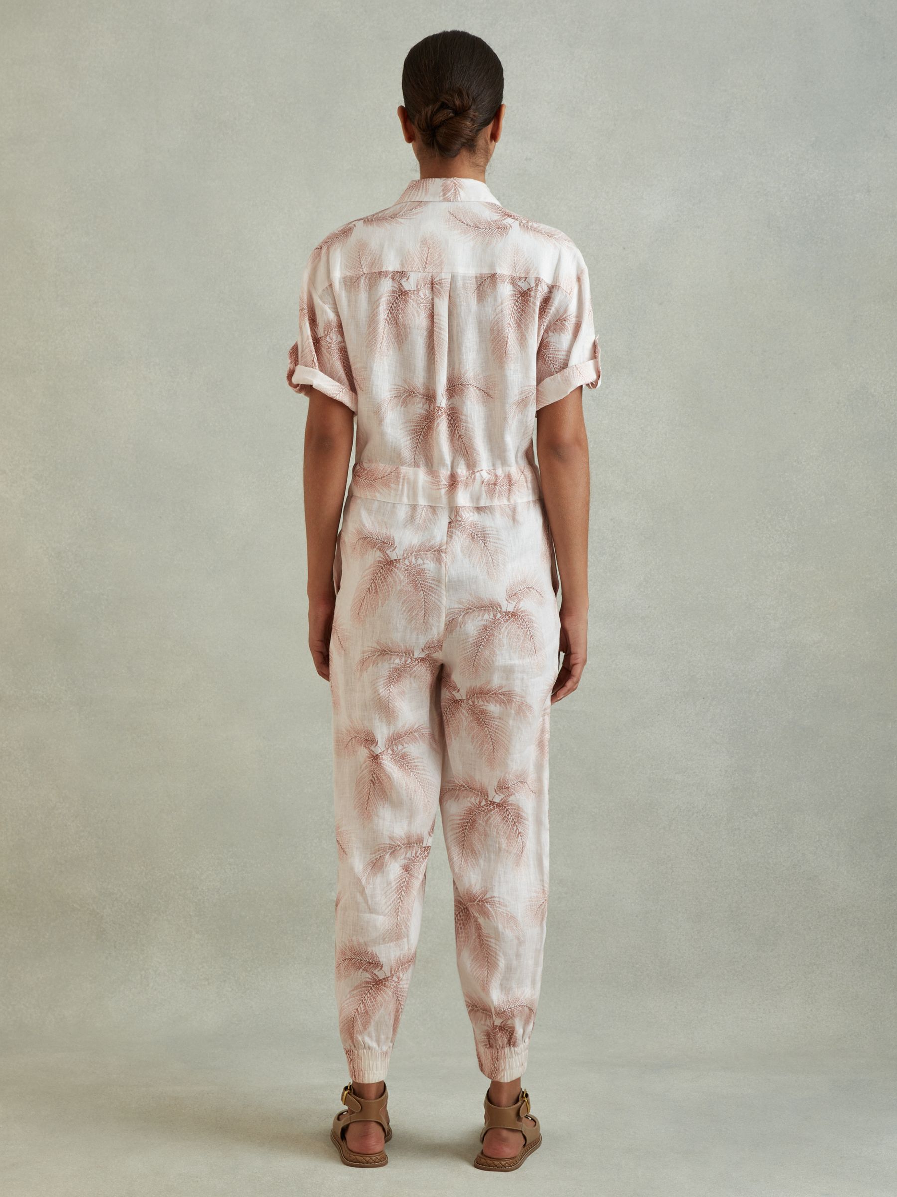 Linen Tropical Print Belted Jumpsuit in Blush - Image 4 of 5