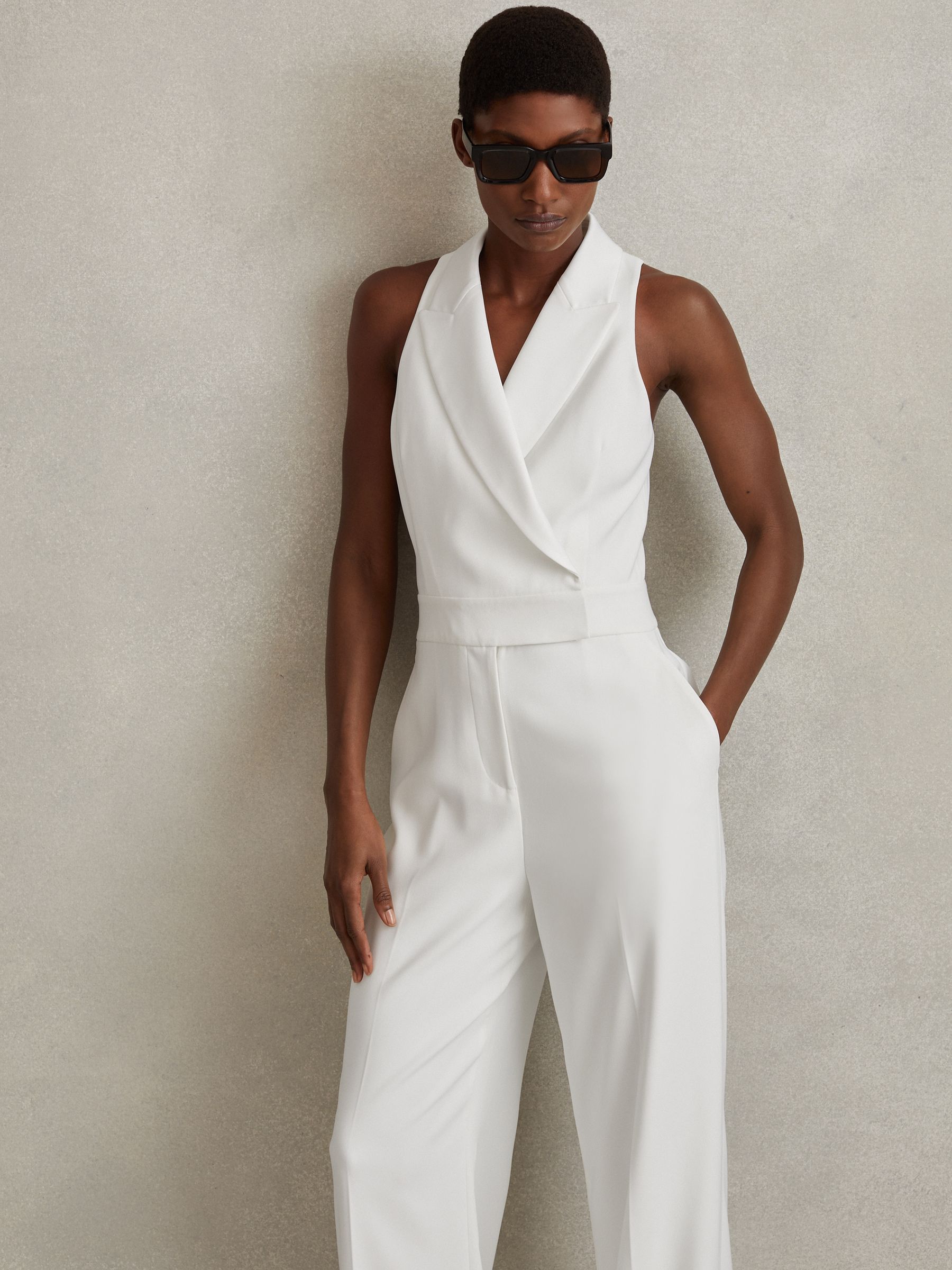 Double Breasted Satin Tux Jumpsuit in White - Image 1 of 6