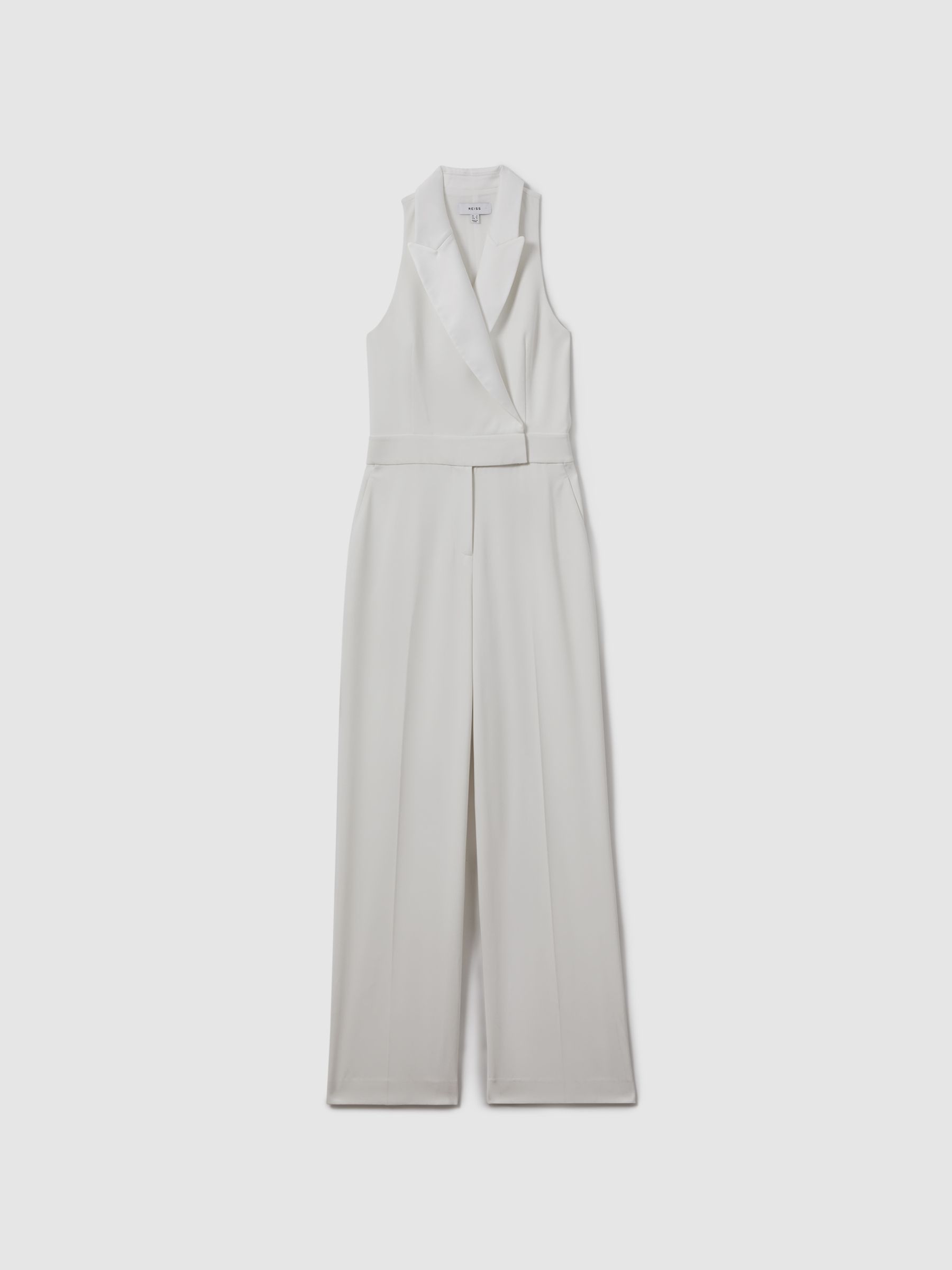 Double Breasted Satin Tux Jumpsuit in White - Image 2 of 6