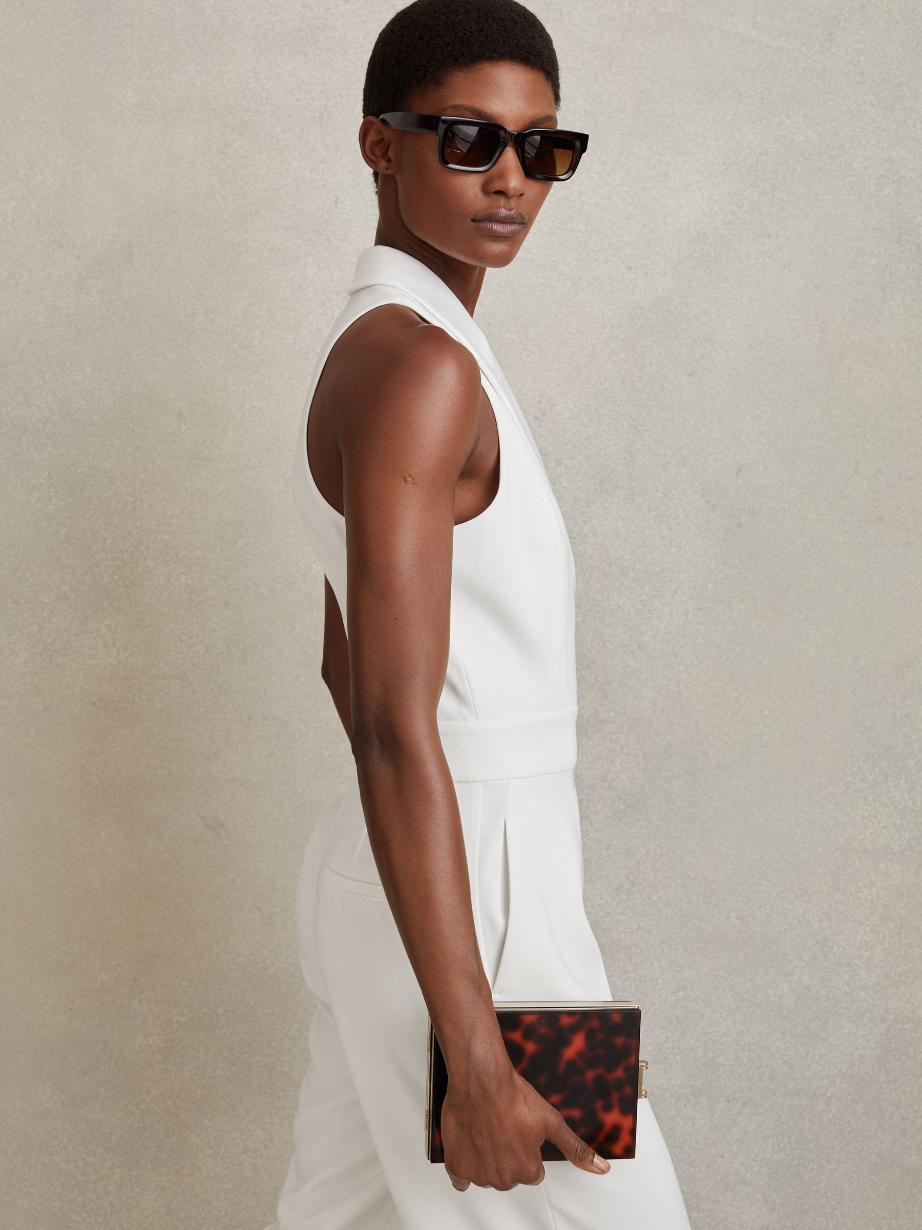 Double Breasted Satin Tux Jumpsuit in White - Image 4 of 6