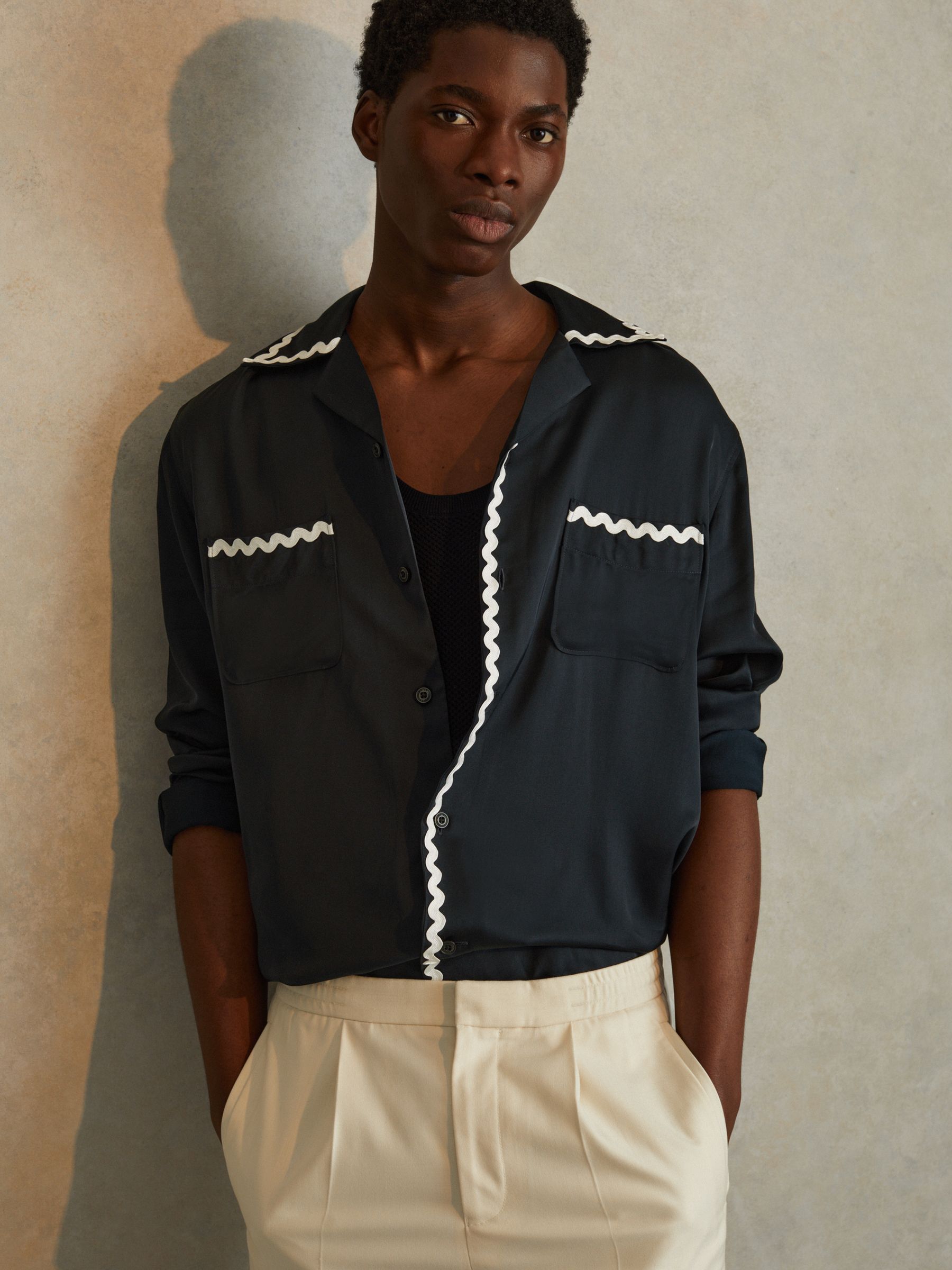 Viscose Satin Contrast Trim Cuban Collar Shirt in Navy - Image 1 of 6