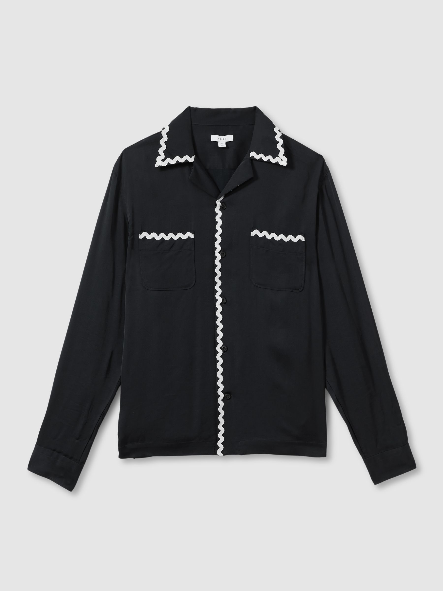Viscose Satin Contrast Trim Cuban Collar Shirt in Navy - Image 2 of 6
