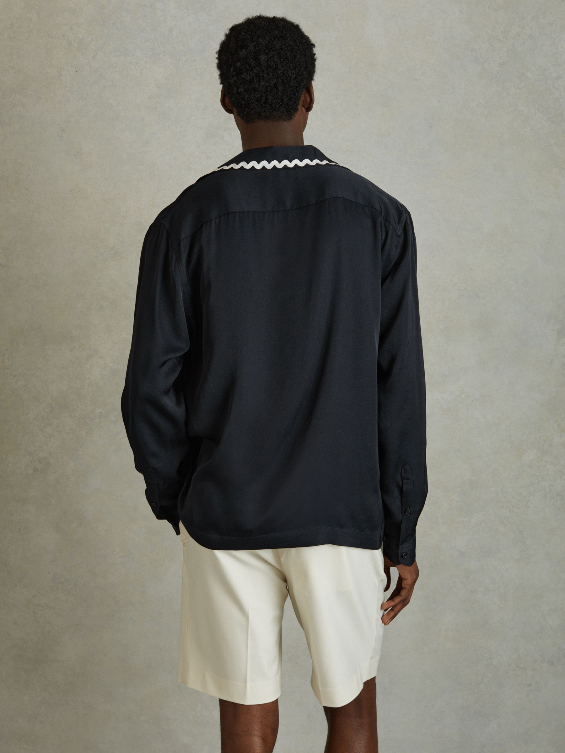 Viscose Satin Contrast Trim Cuban Collar Shirt in Navy - Image 5 of 6