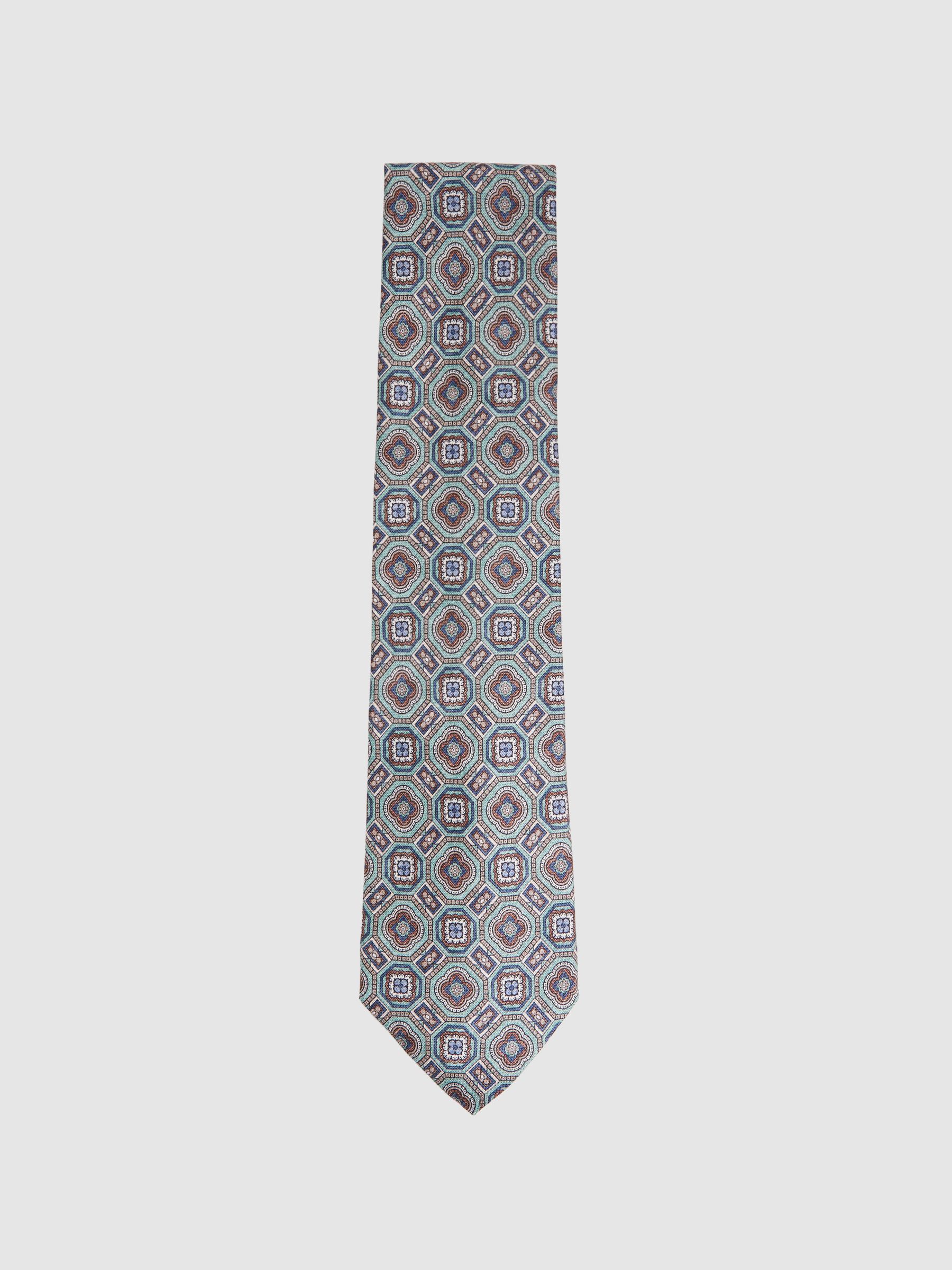 Silk Medallion Print Tie in Sea Green - Image 1 of 5