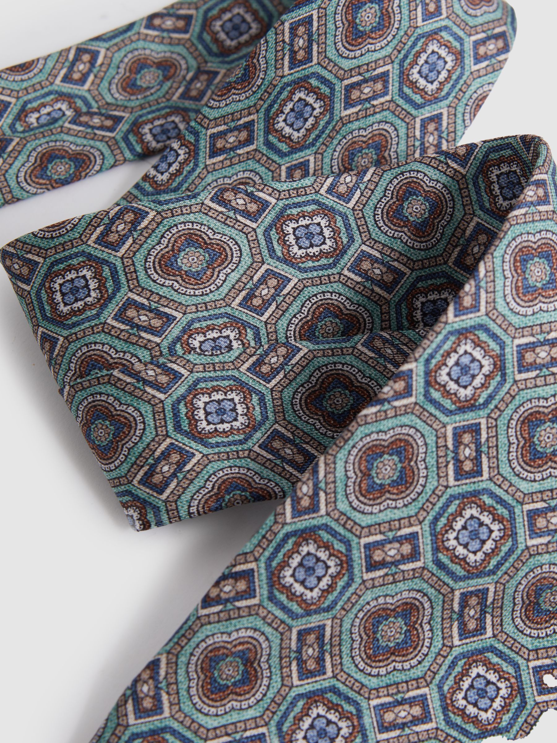 Silk Medallion Print Tie in Sea Green - Image 3 of 5