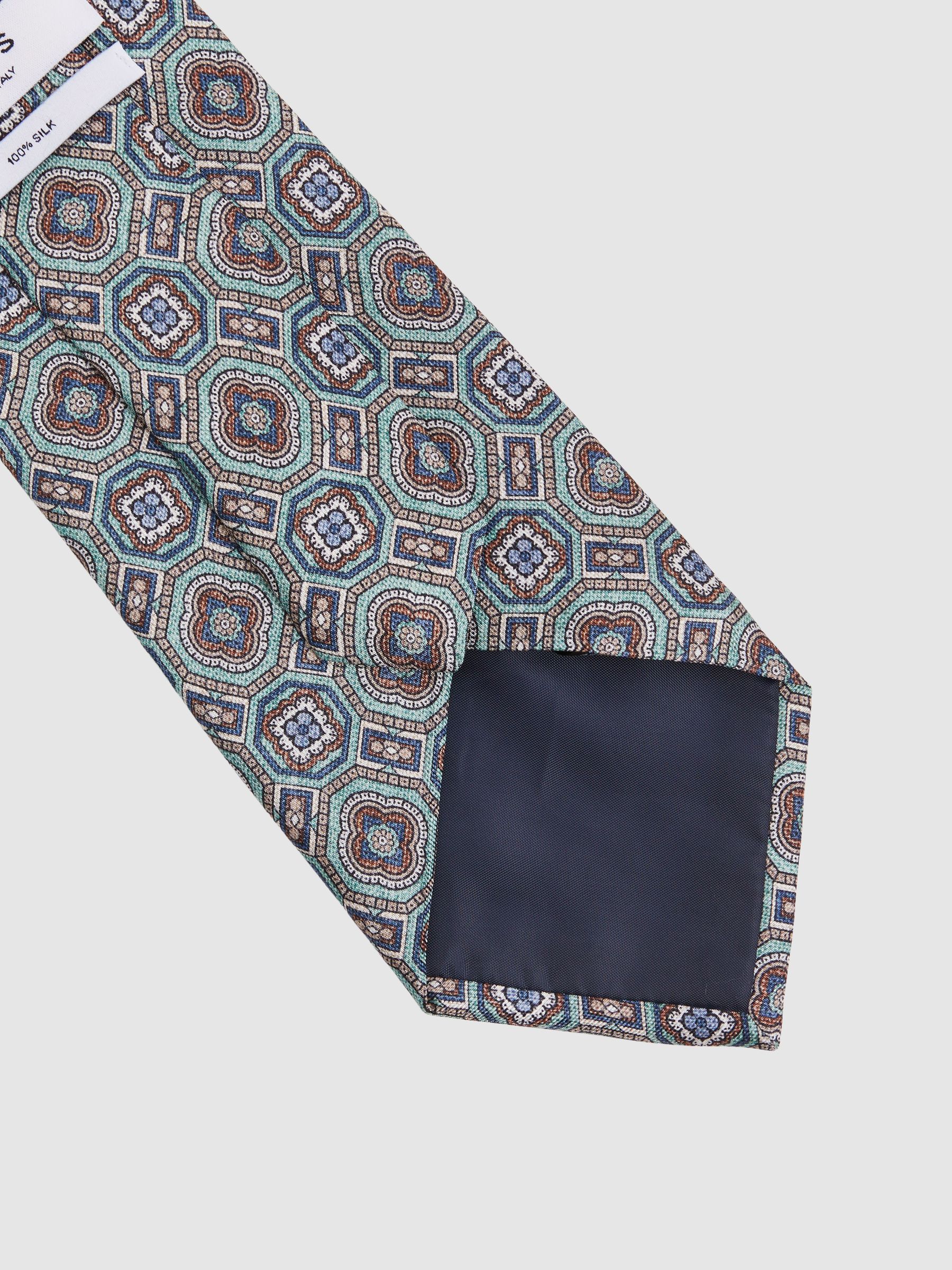 Silk Medallion Print Tie in Sea Green - Image 4 of 5