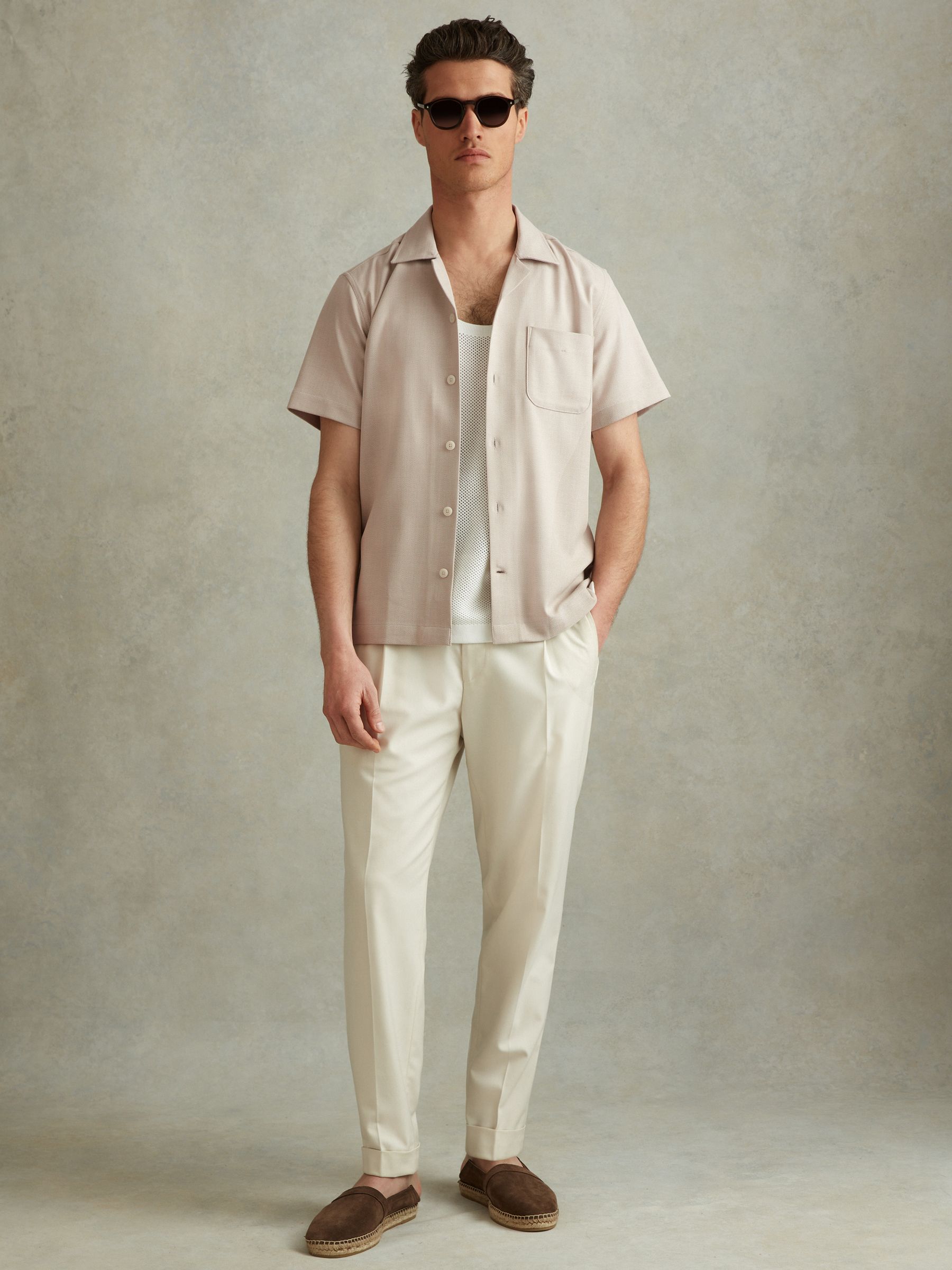 Herringbone Cuban Collar Shirt in Stone - Image 3 of 5