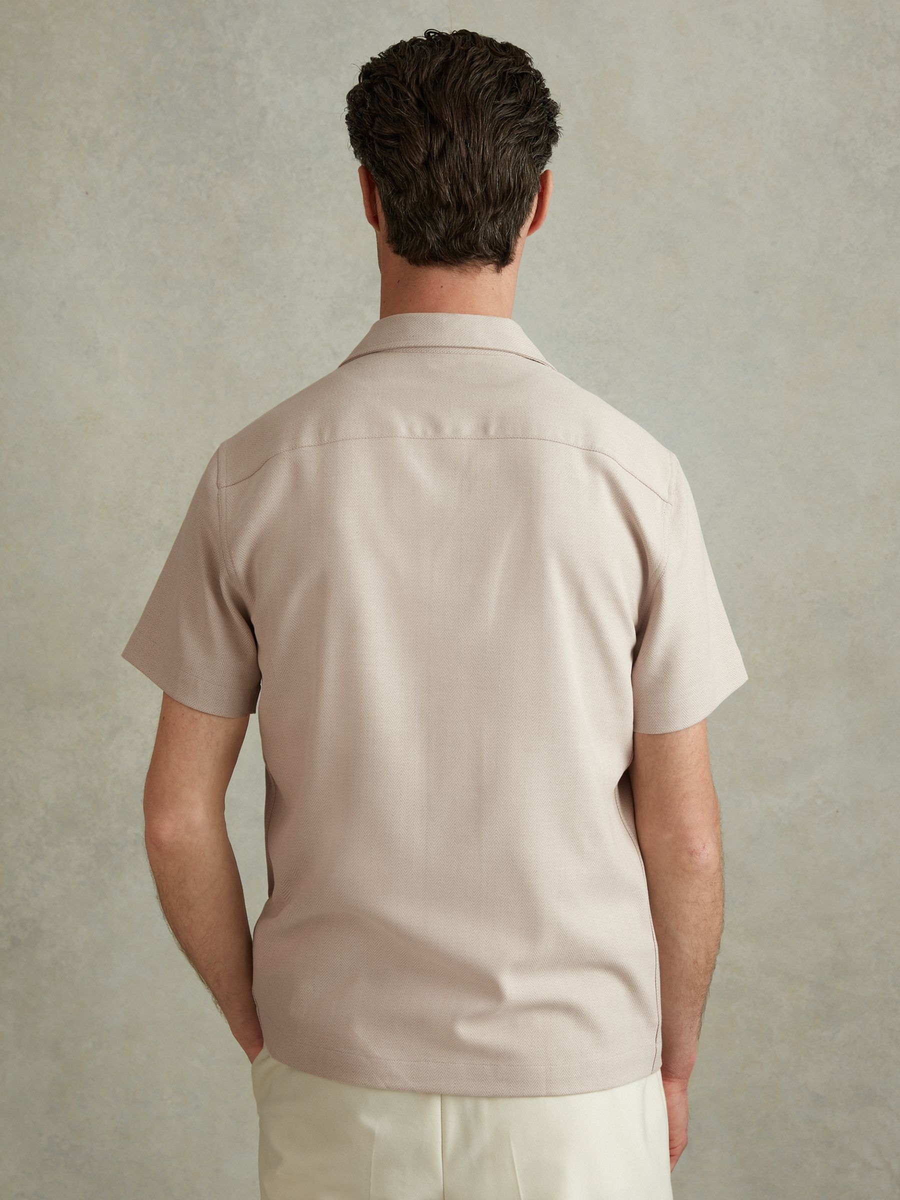 Herringbone Cuban Collar Shirt in Stone - Image 4 of 5