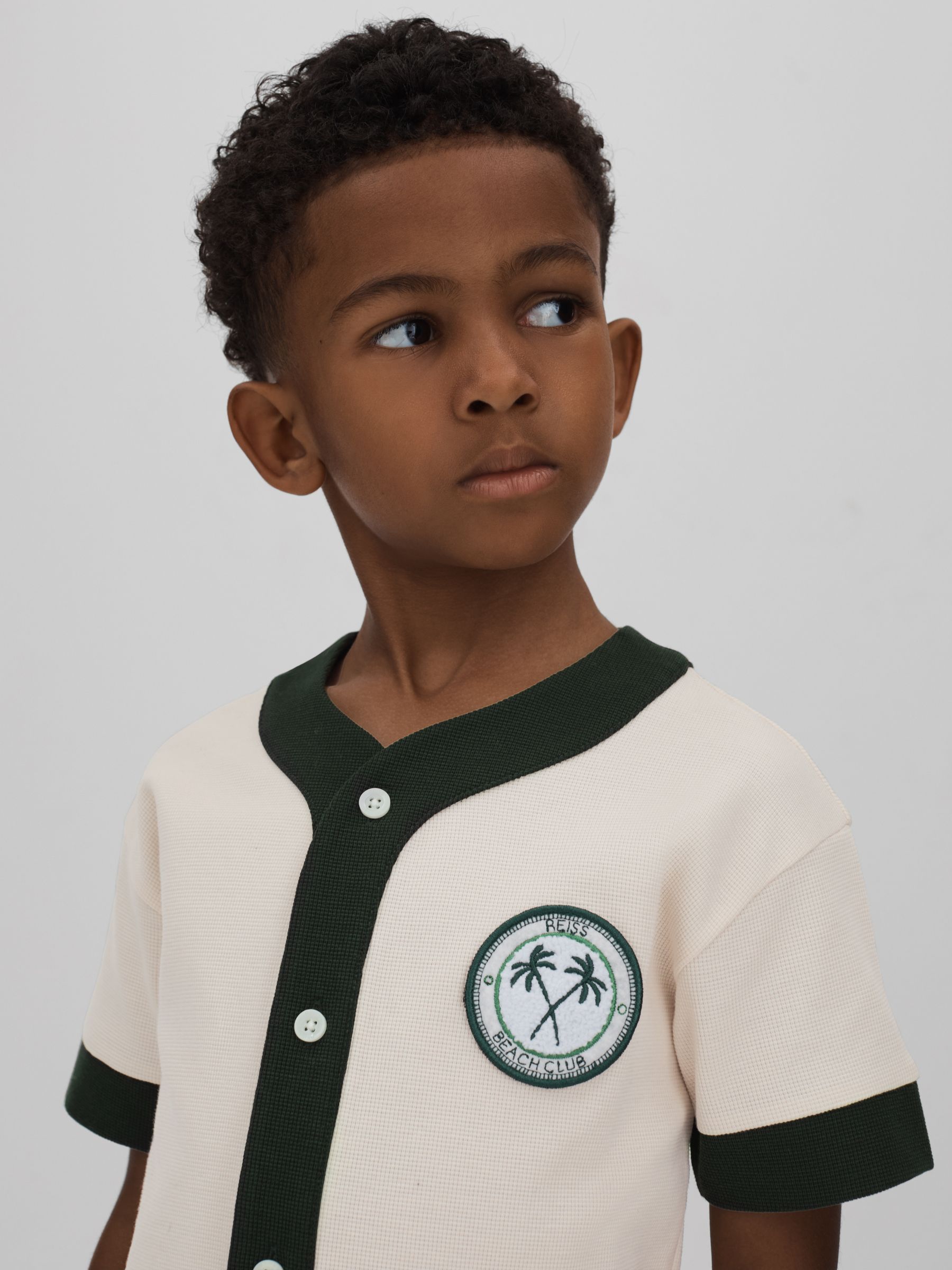 3-9 yrs Textured Cotton Baseball Shirt in Ecru/Green - Image 3 of 4