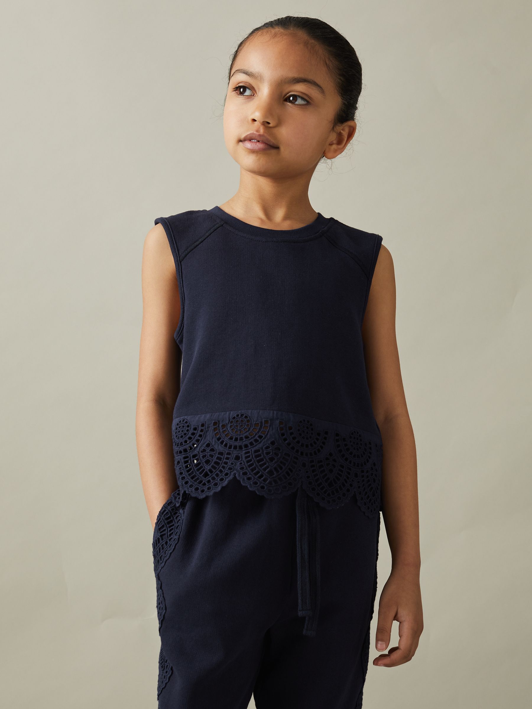 9-13 yrs Cotton Broderie Top Co-Ord in Navy - Image 1 of 6
