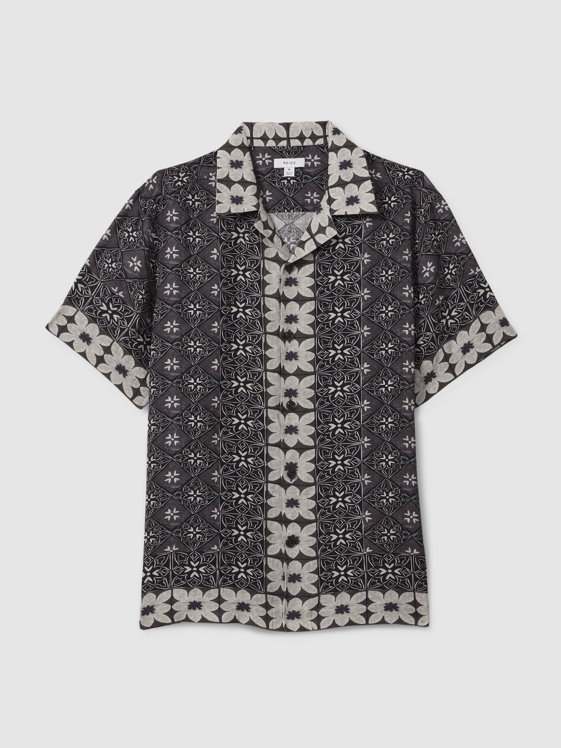 Linen Printed Cuban Collar Shirt in Black Multi - Image 2 of 5