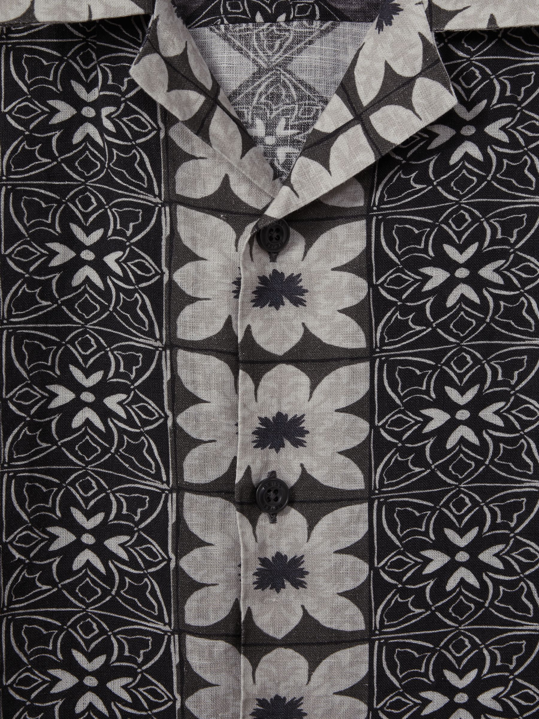 Linen Printed Cuban Collar Shirt in Black Multi - Image 5 of 5