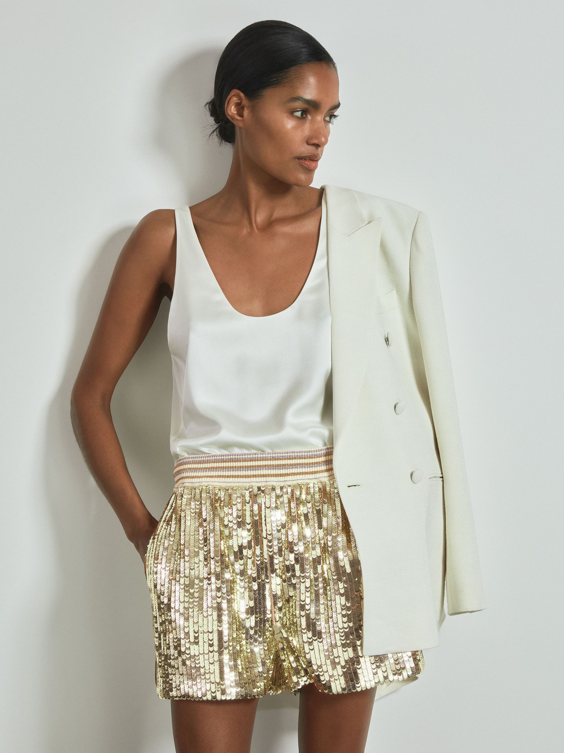 Atelier Sequin Elasticated Waist Shorts in Gold - Image 3 of 5