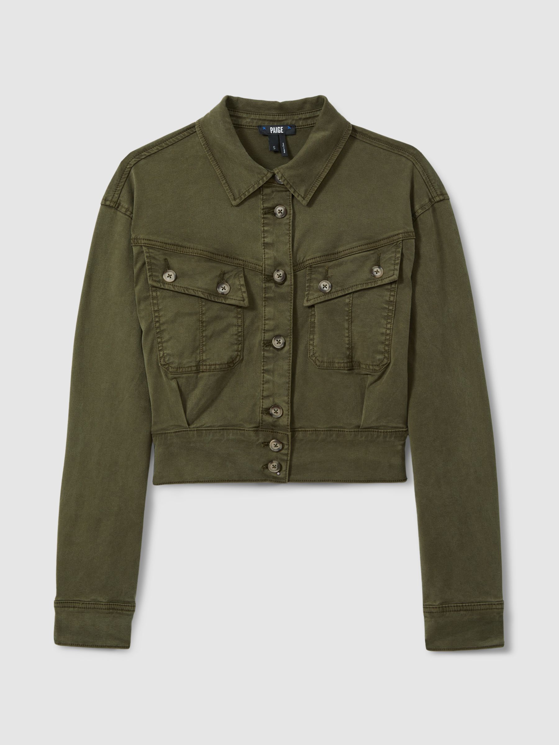 Paige Cropped Denim Jacket in Military Green - Image 2 of 5