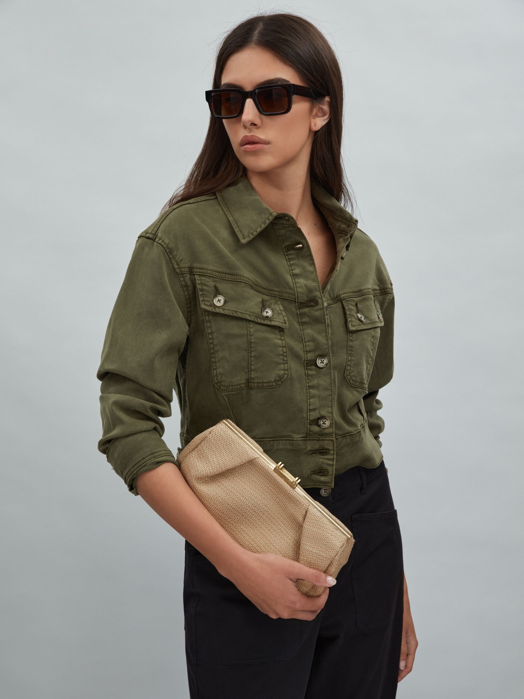 Paige Cropped Denim Jacket in Military Green - Image 3 of 5