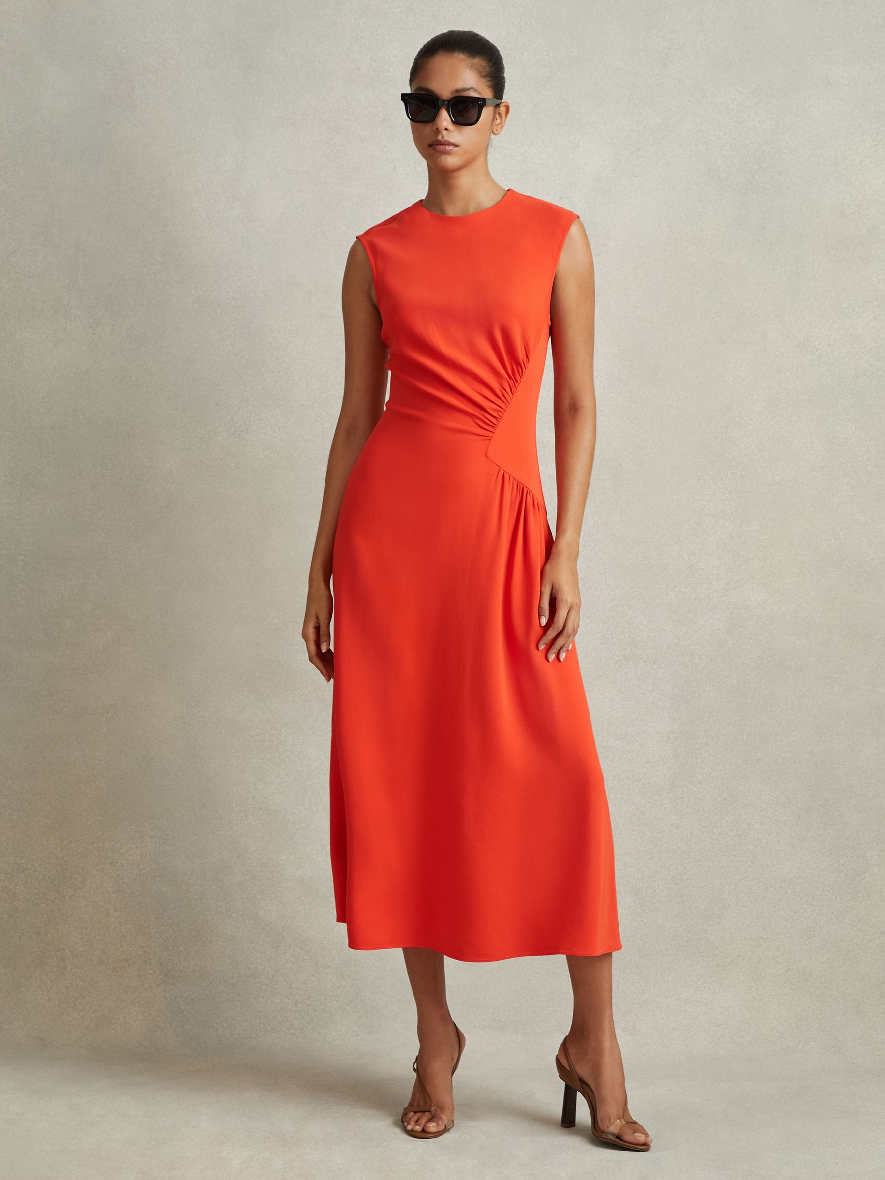 Petite Ruched Midi Dress in Orange - Image 3 of 7