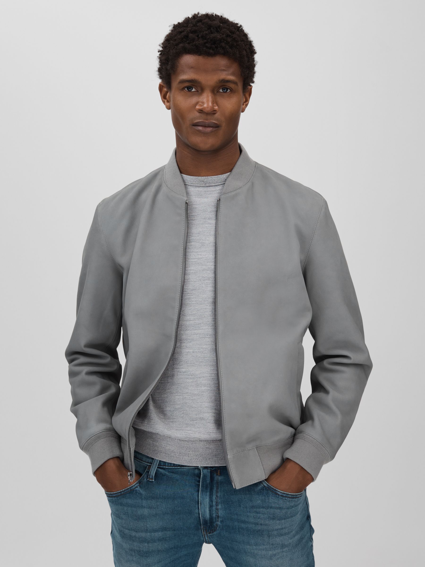 Reiss Paige Leather Bomber Jacket in Grey | REISS Reiss Paige Leather Bomber Jacket in Grey | REISS