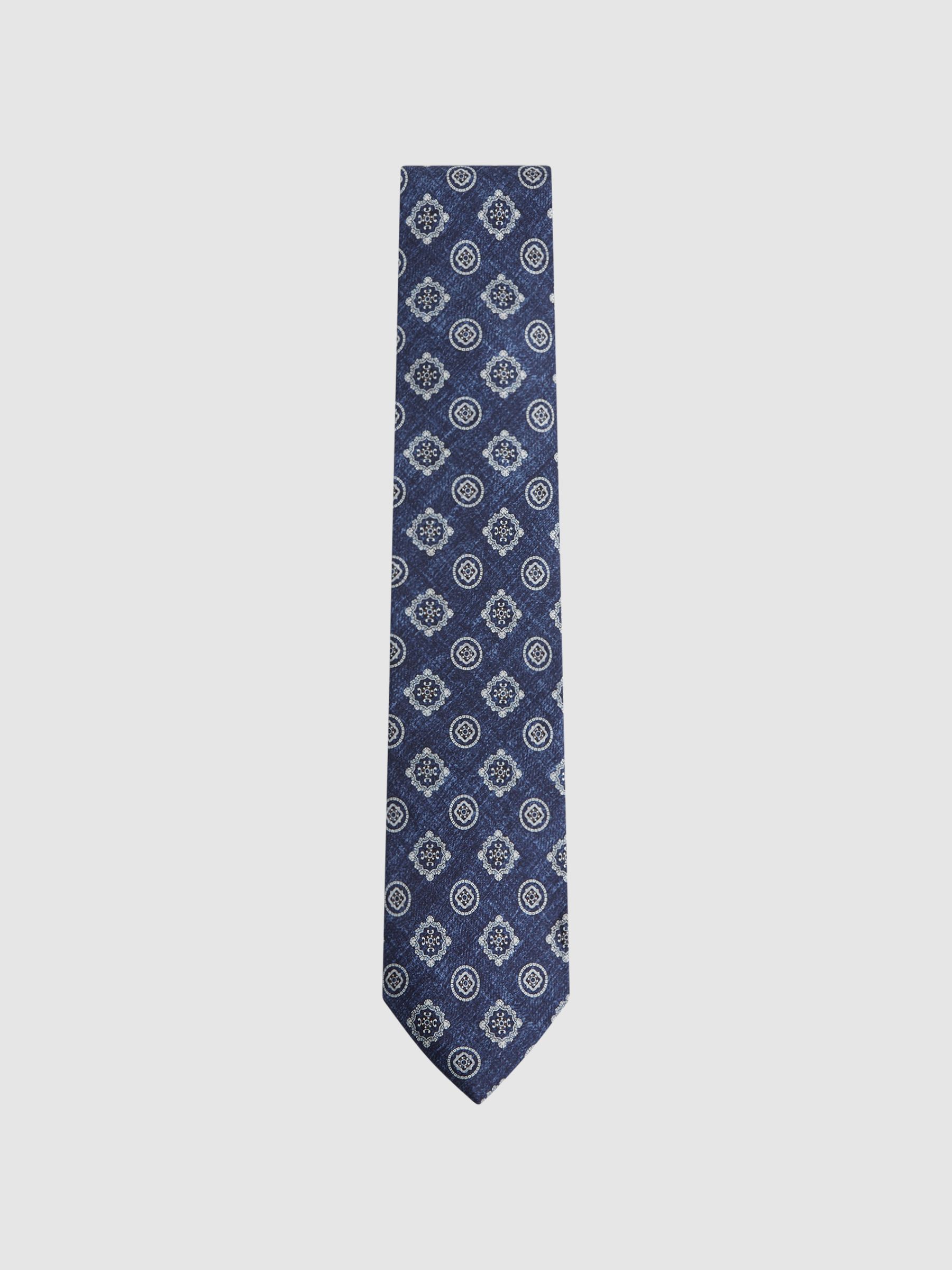 Silk Medallion Print Tie in Indigo Melange - Image 1 of 5