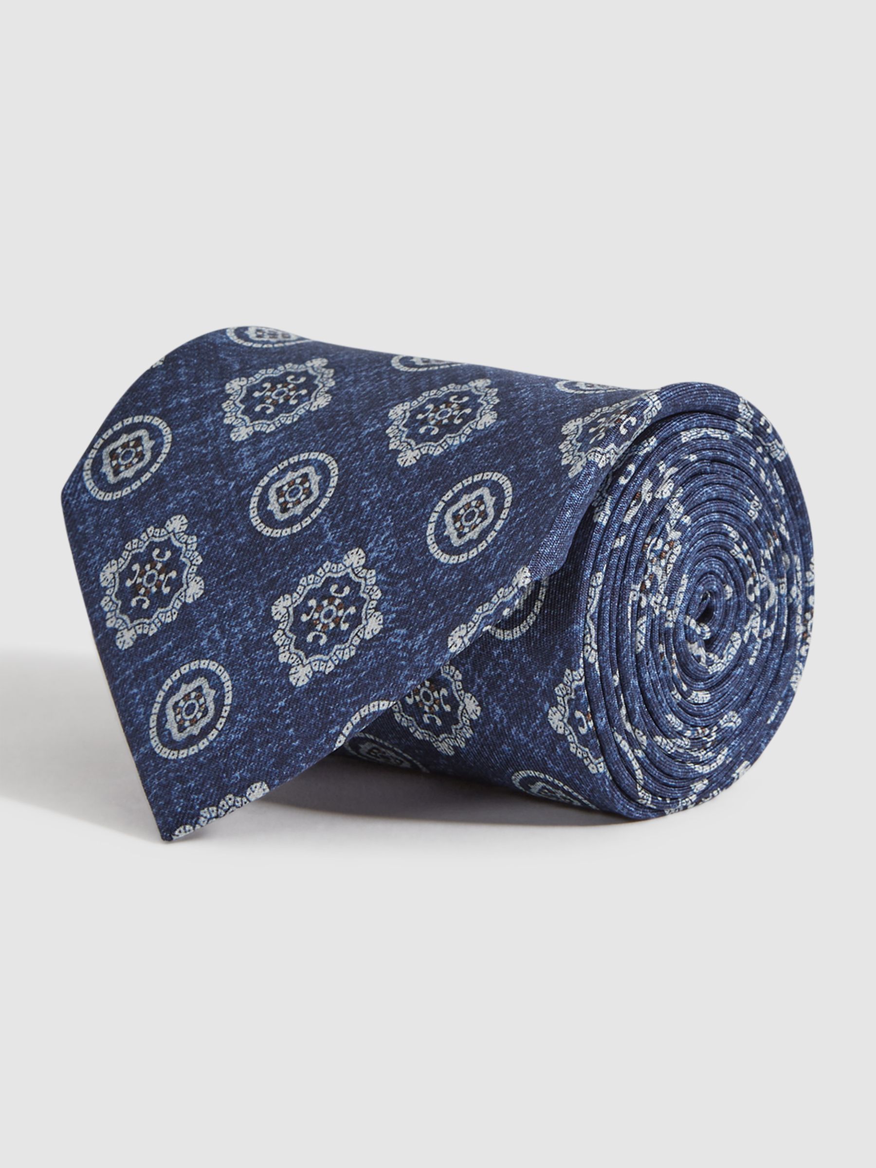 Silk Medallion Print Tie in Indigo Melange - Image 3 of 5