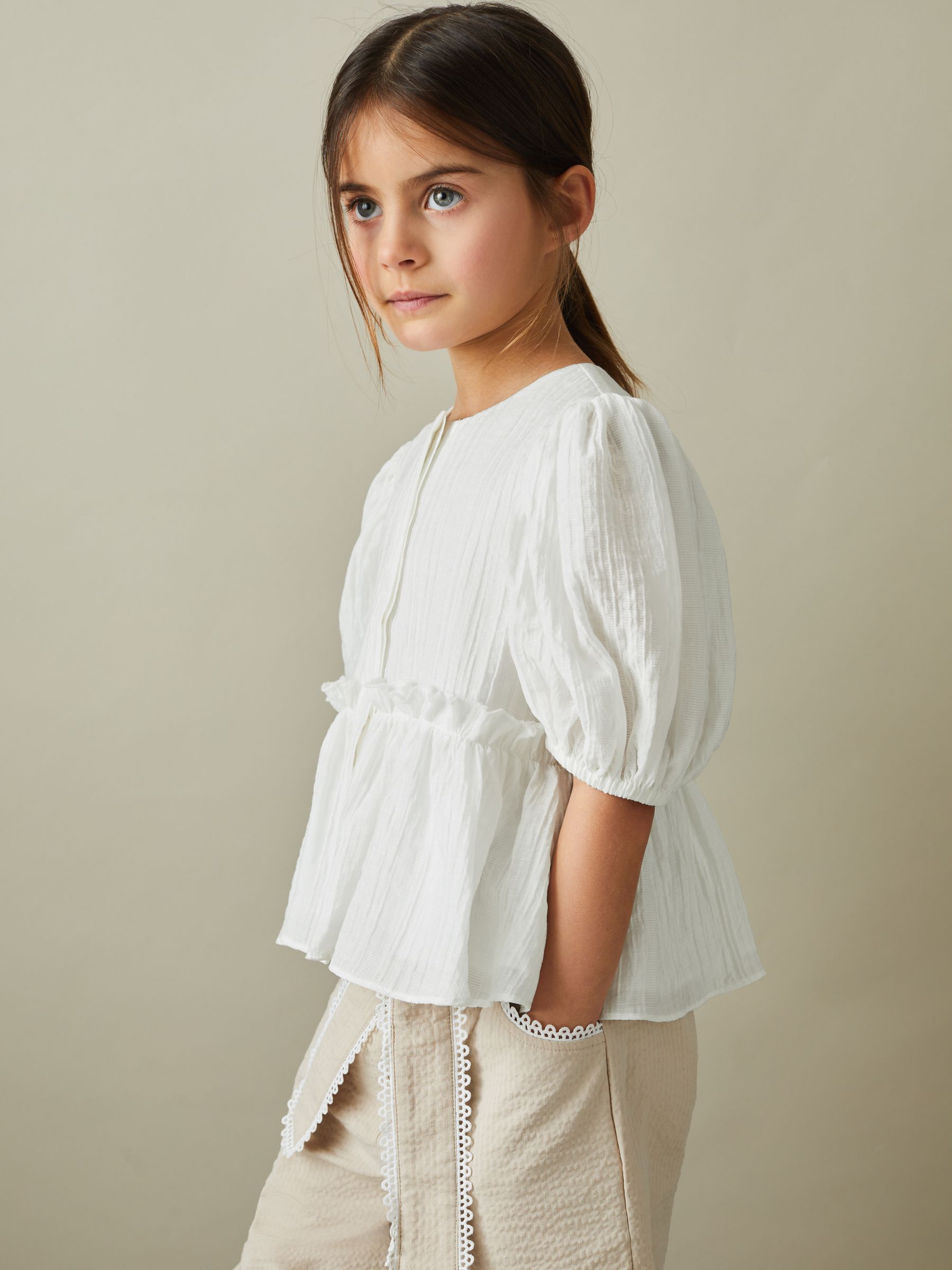 9-13 yrs Puff Sleeve Peplum Top in Ivory - Image 3 of 4