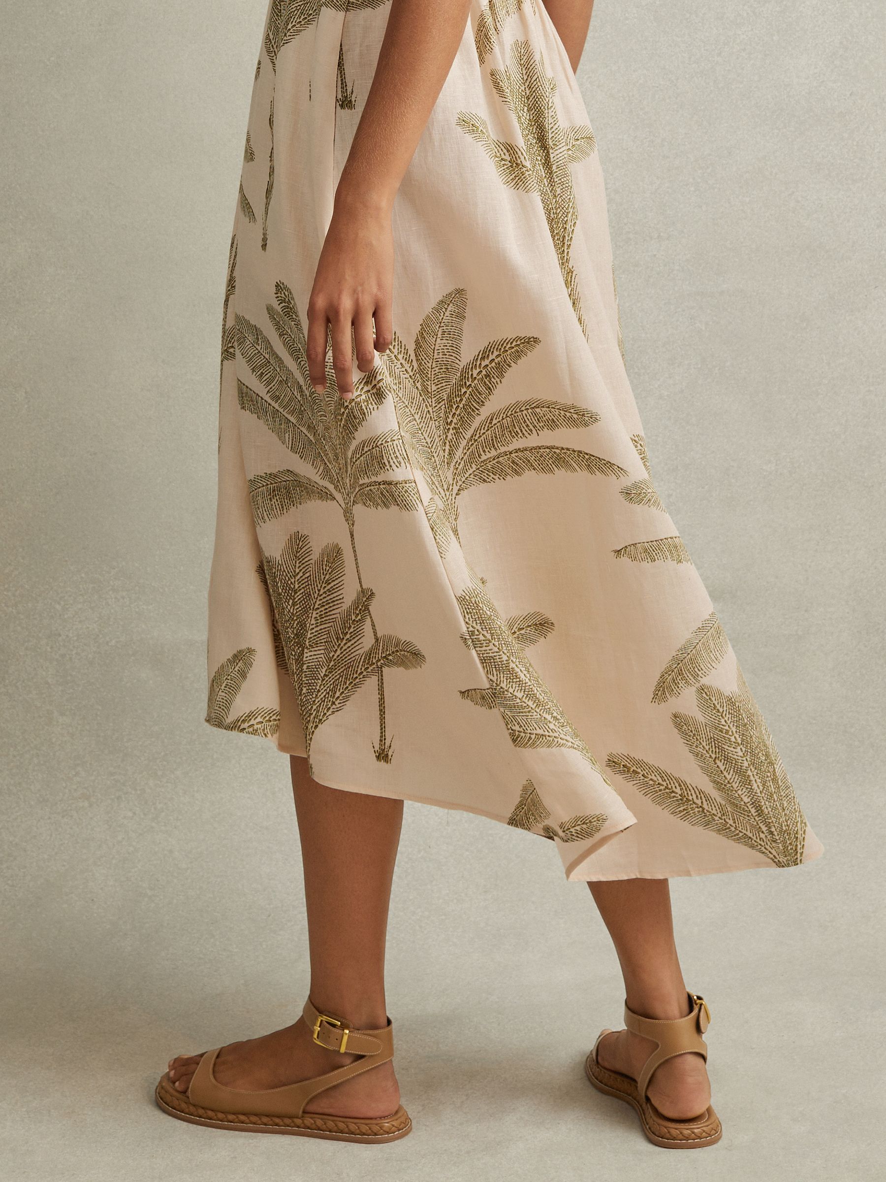 100% Linen Tropical Print Midi Dress in Neutral/Green - Image 5 of 6