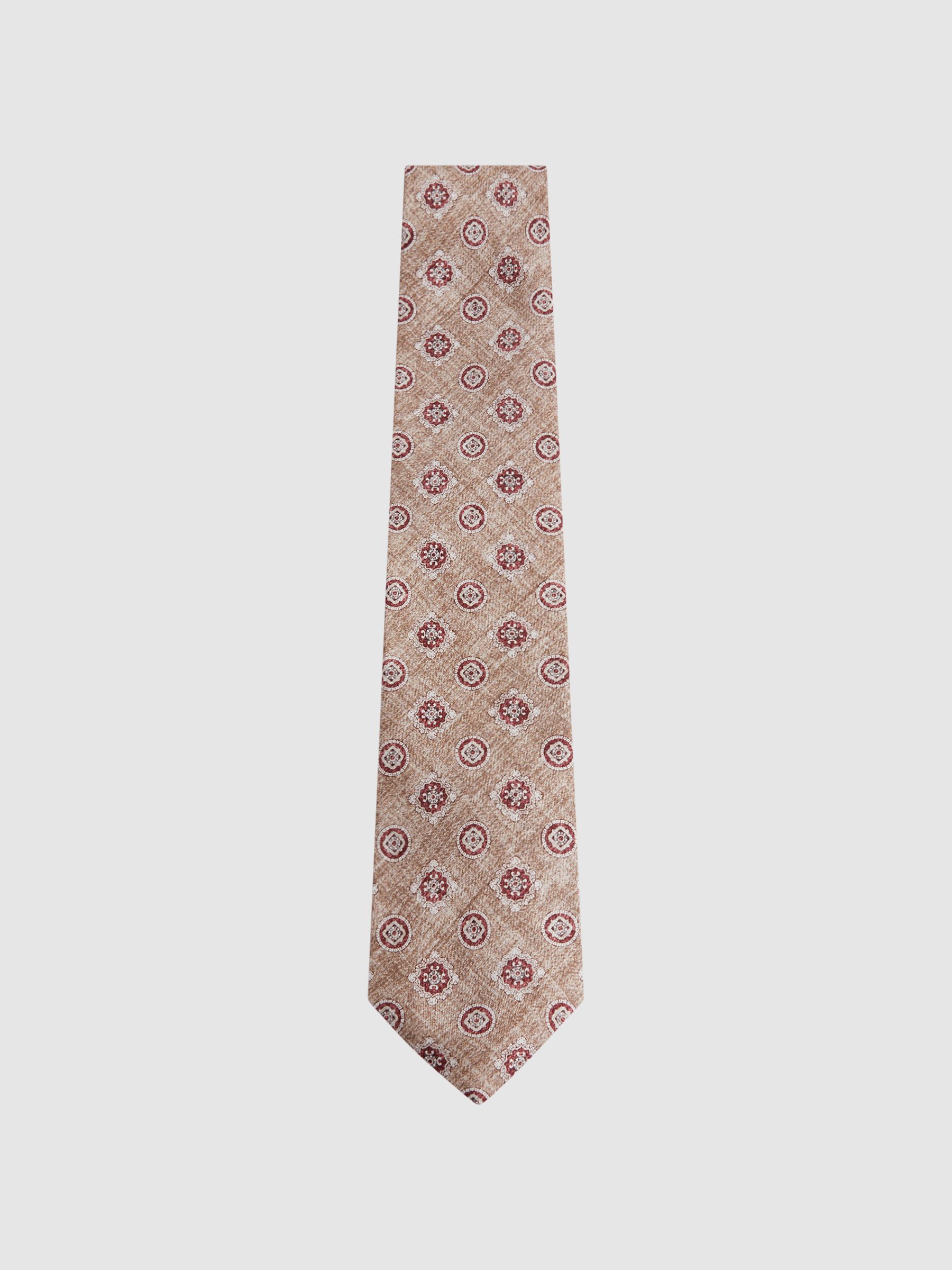 Silk Medallion Print Tie in Oatmeal/Rose - Image 1 of 5