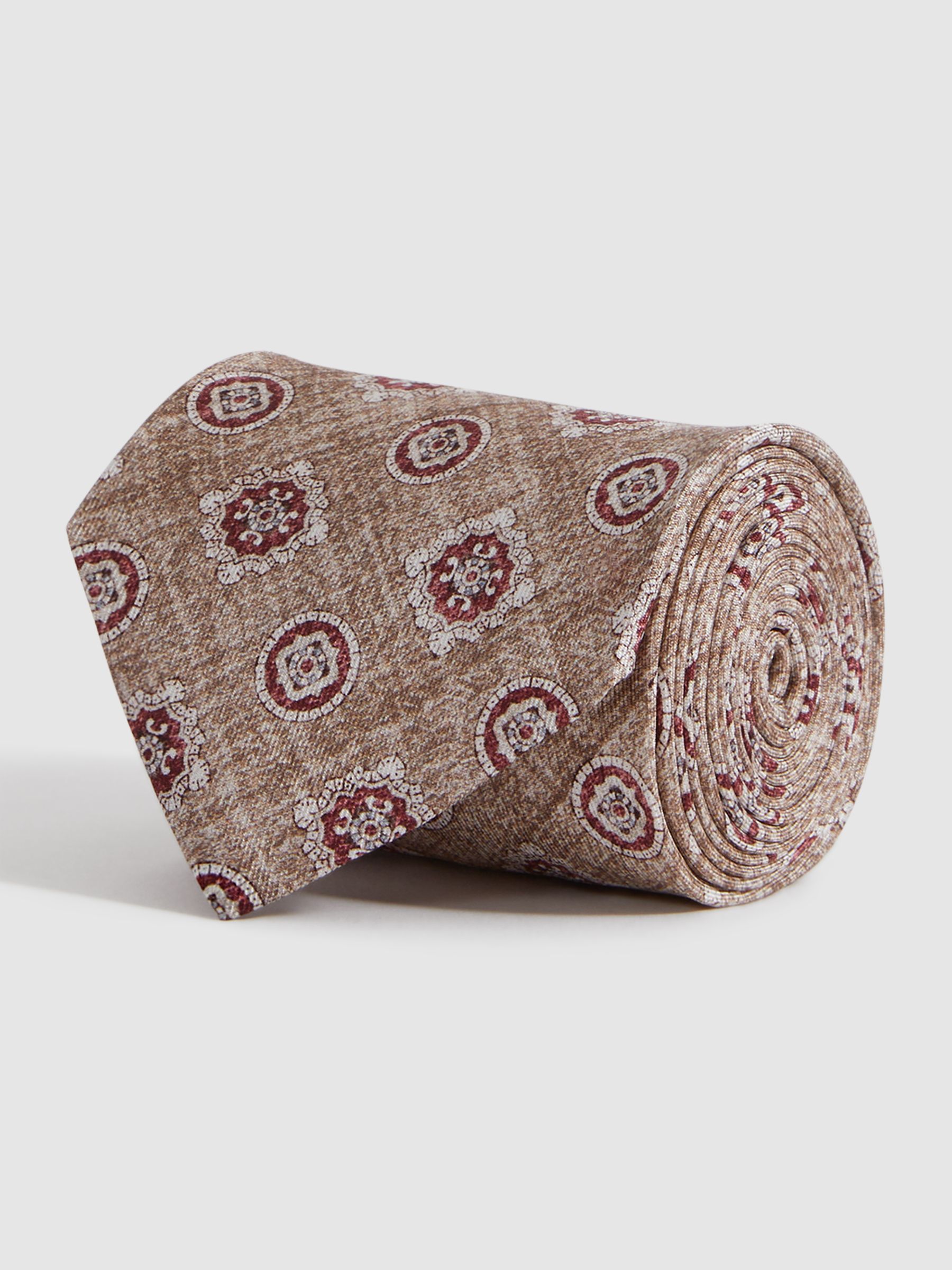 Silk Medallion Print Tie in Oatmeal/Rose - Image 3 of 5