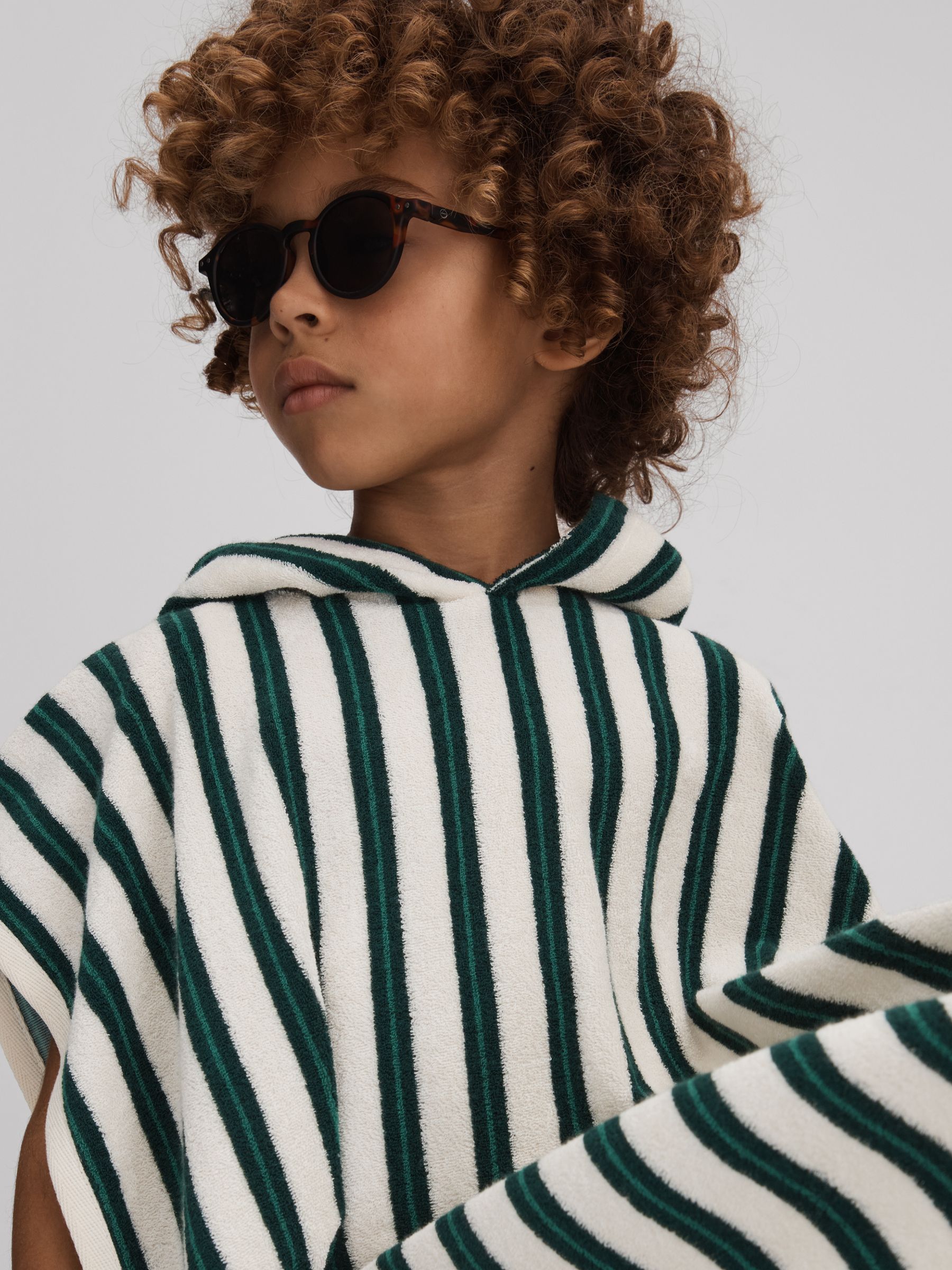 3-9 yrs Hooded Striped Poncho in Green/White - Image 1 of 4