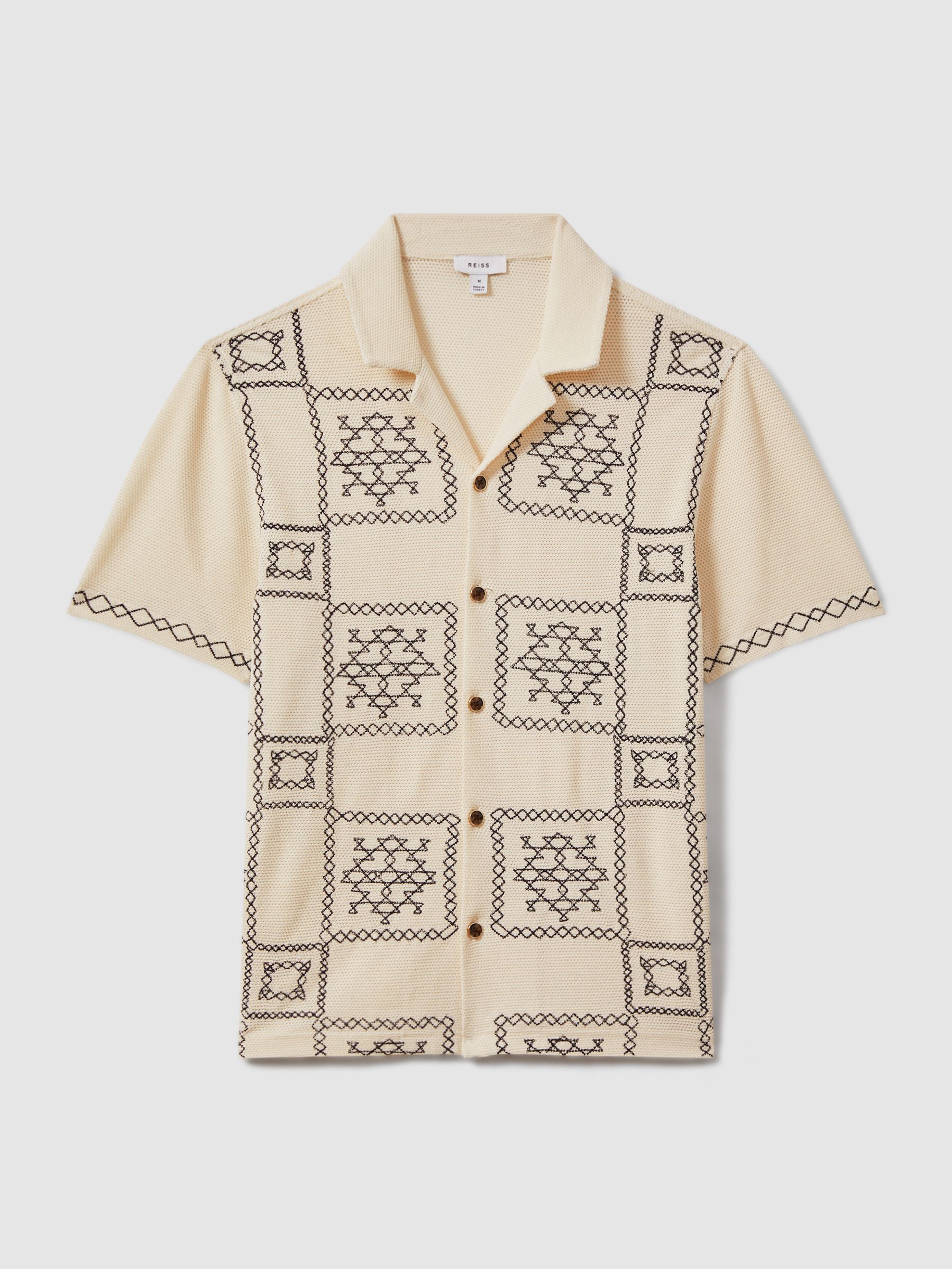 Textured Embroidered Cuban Collar Shirt in Ecru/Navy - Image 2 of 6