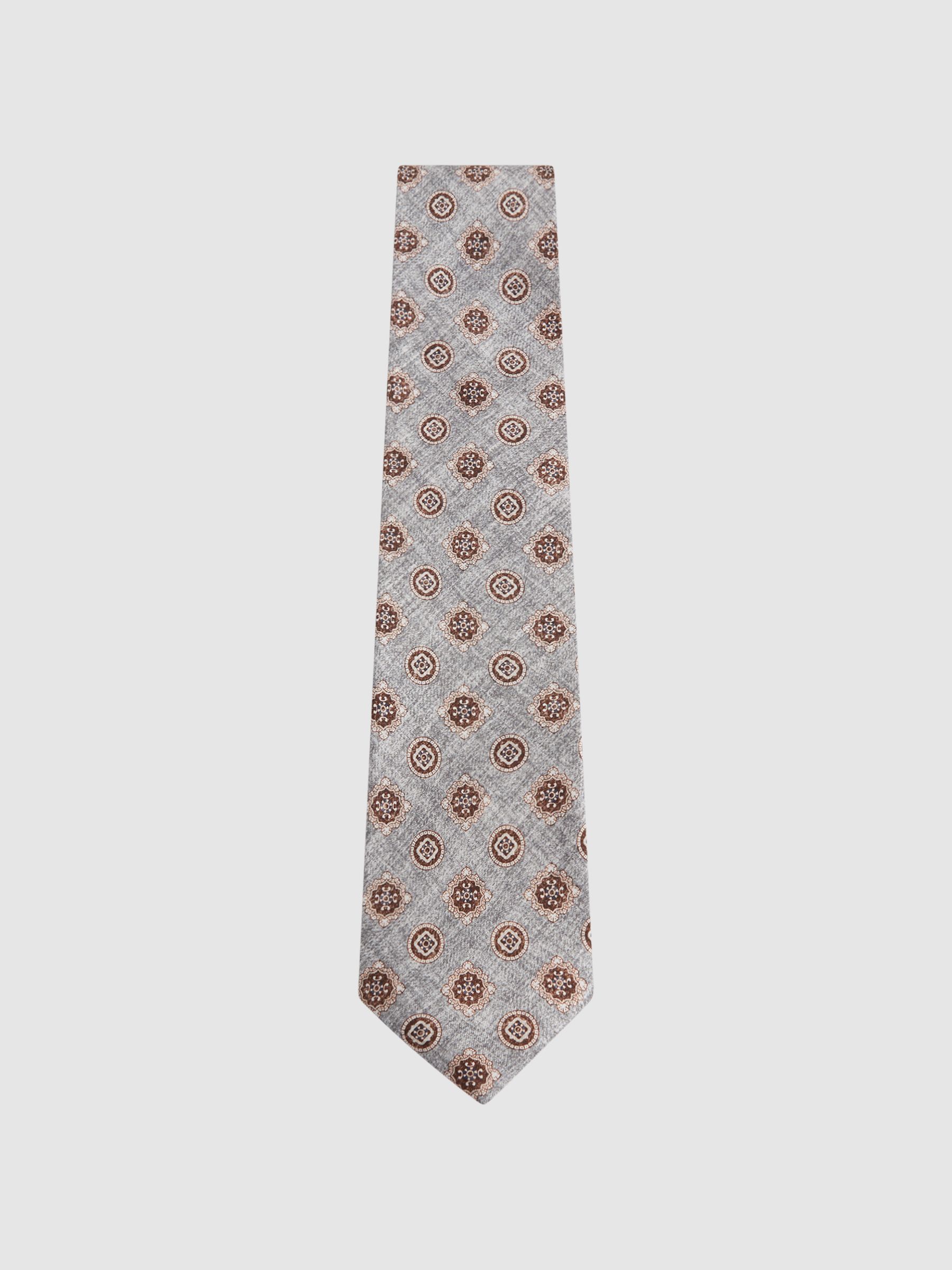 Silk Medallion Print Tie in Grey Melange - Image 1 of 5 Silk Medallion Print Tie in Grey Melange - Image 1 of 5