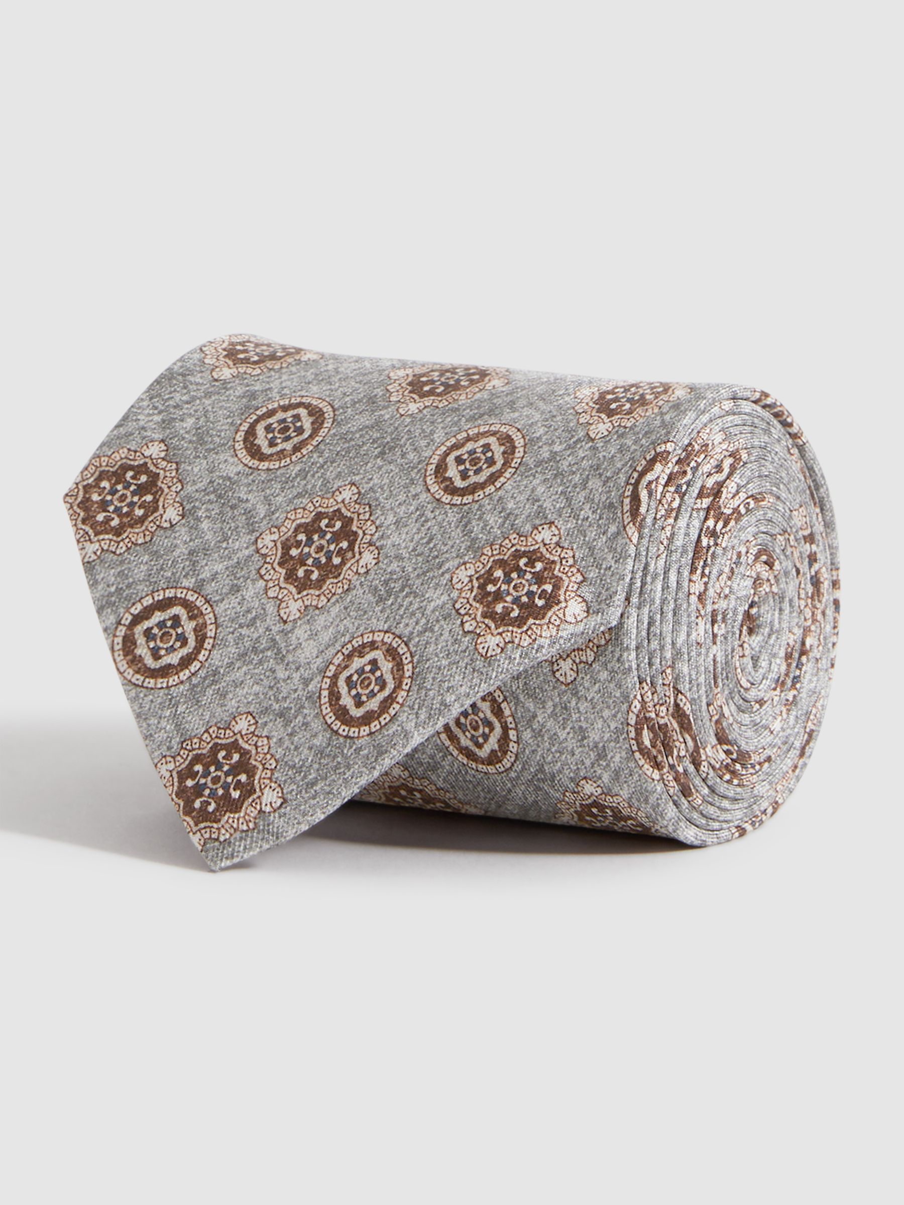 Silk Medallion Print Tie in Grey Melange - Image 3 of 5