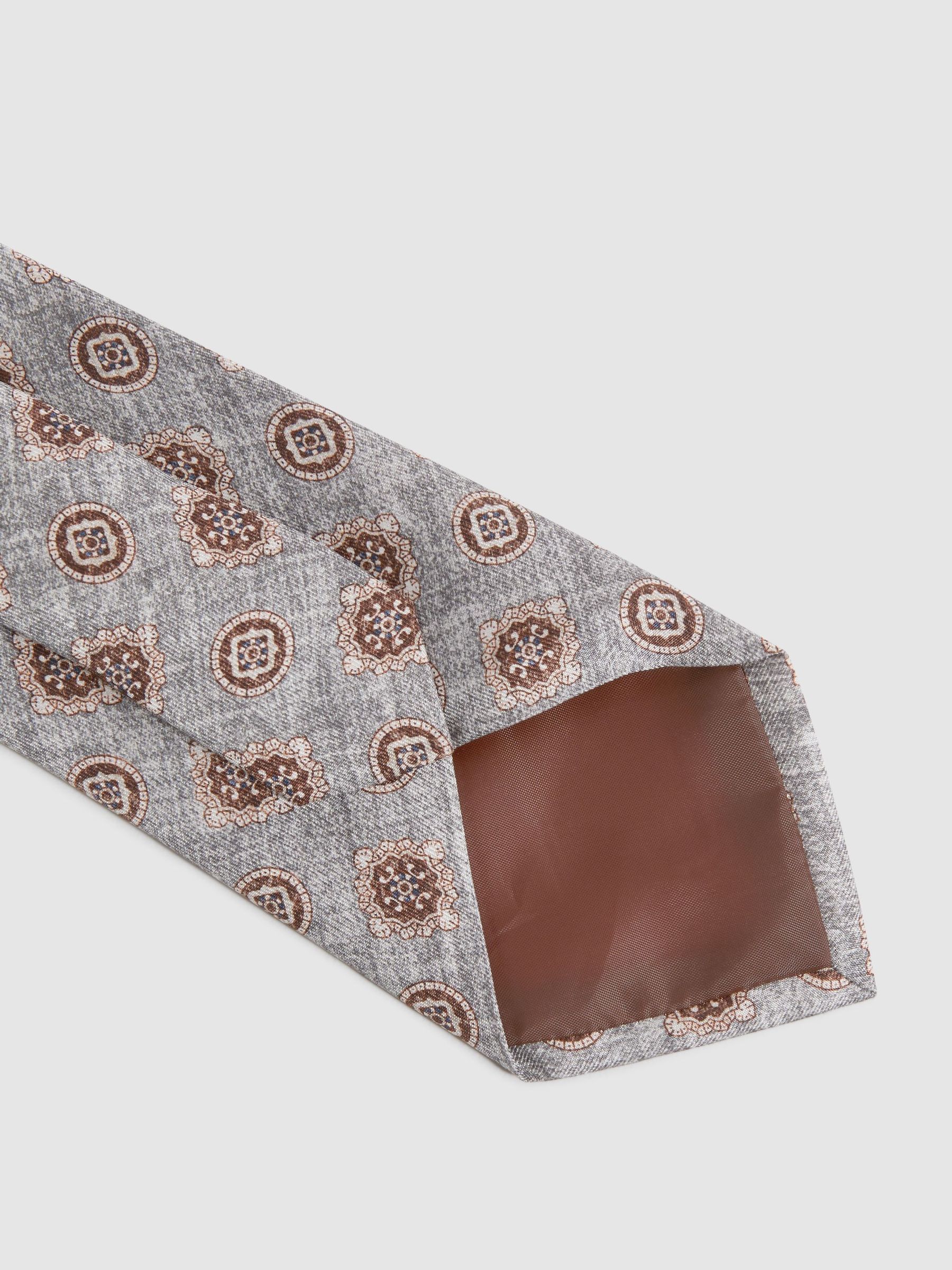 Silk Medallion Print Tie in Grey Melange - Image 5 of 5