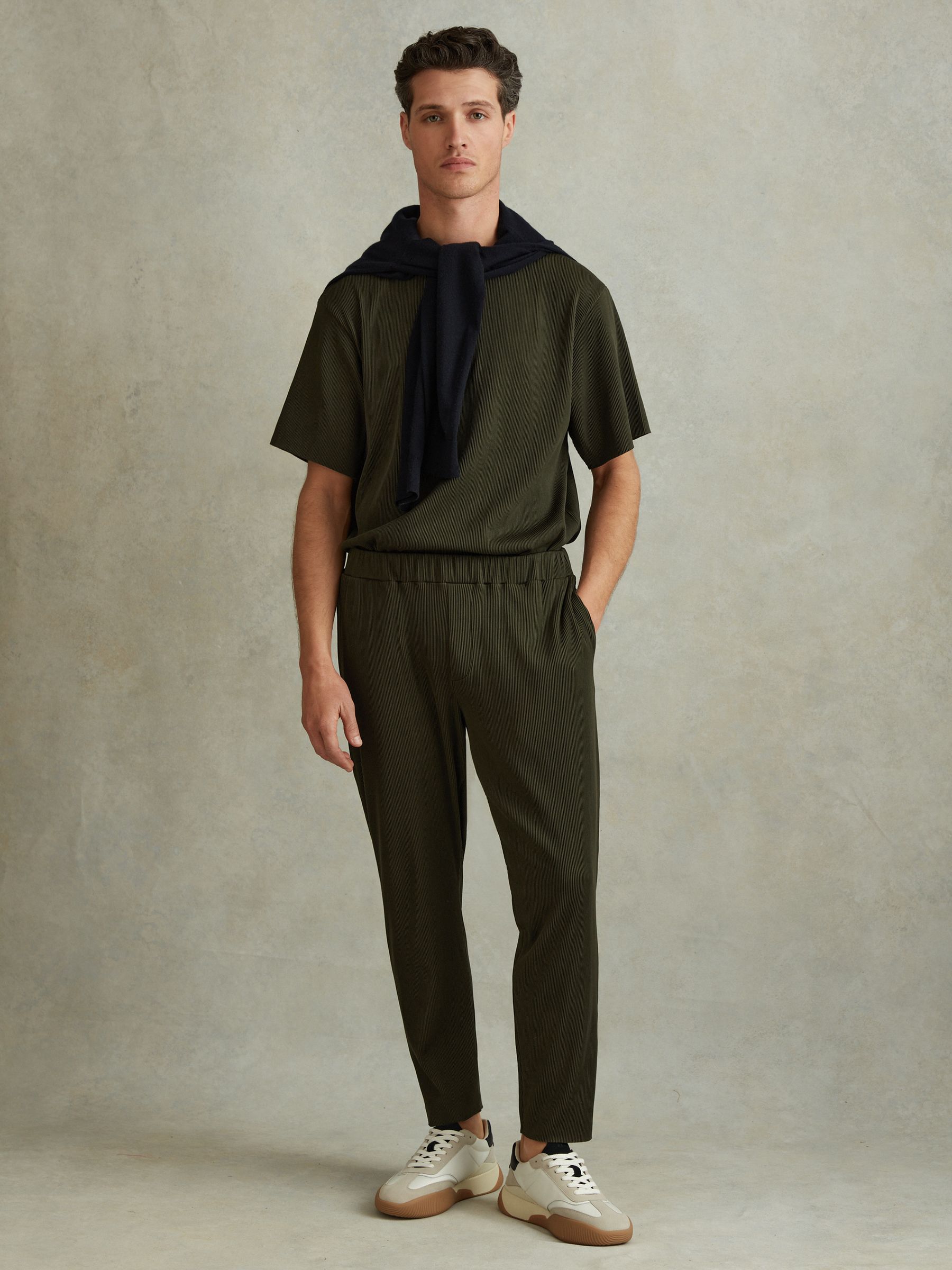Ribbed Elasticated Waist Trousers in Green - Image 1 of 5