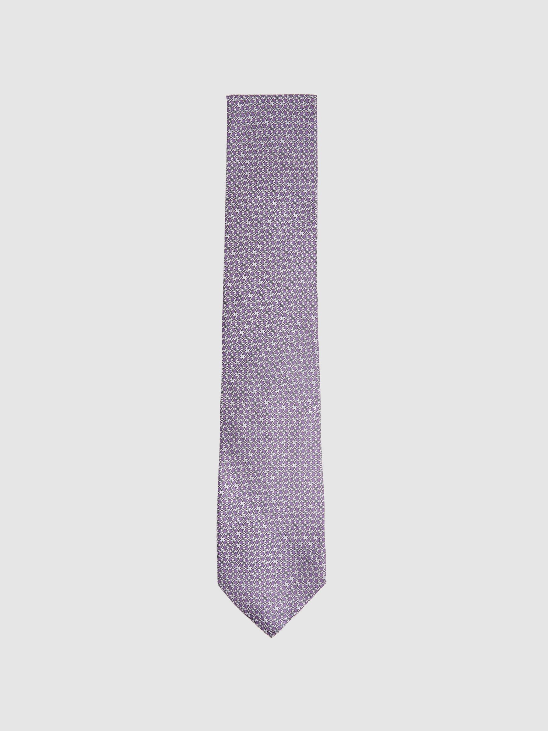 Silk Geometric Print Tie in Orchid - Image 1 of 5