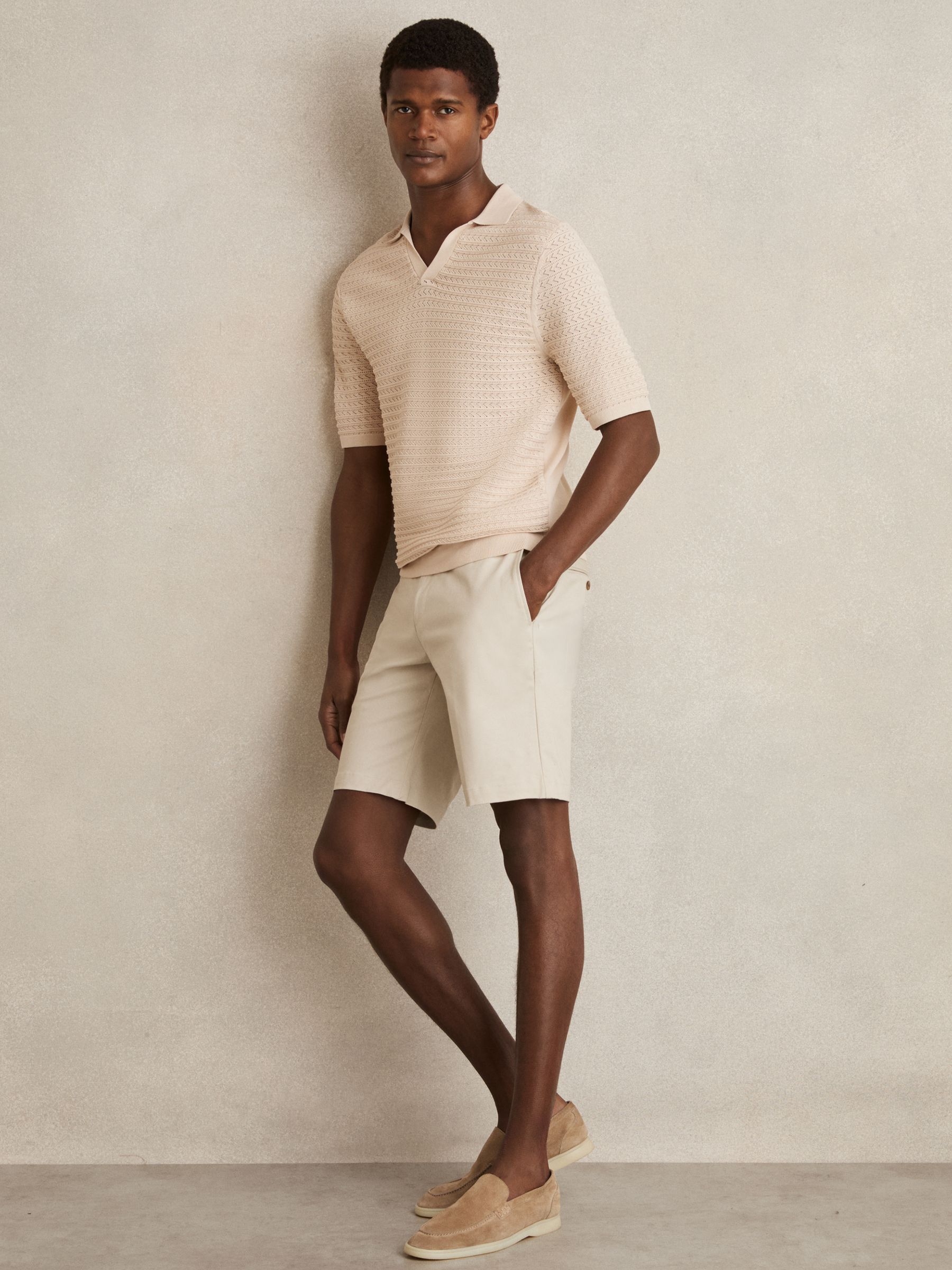 Pointelle Open-Collar Polo Shirt in Stone - Image 1 of 6