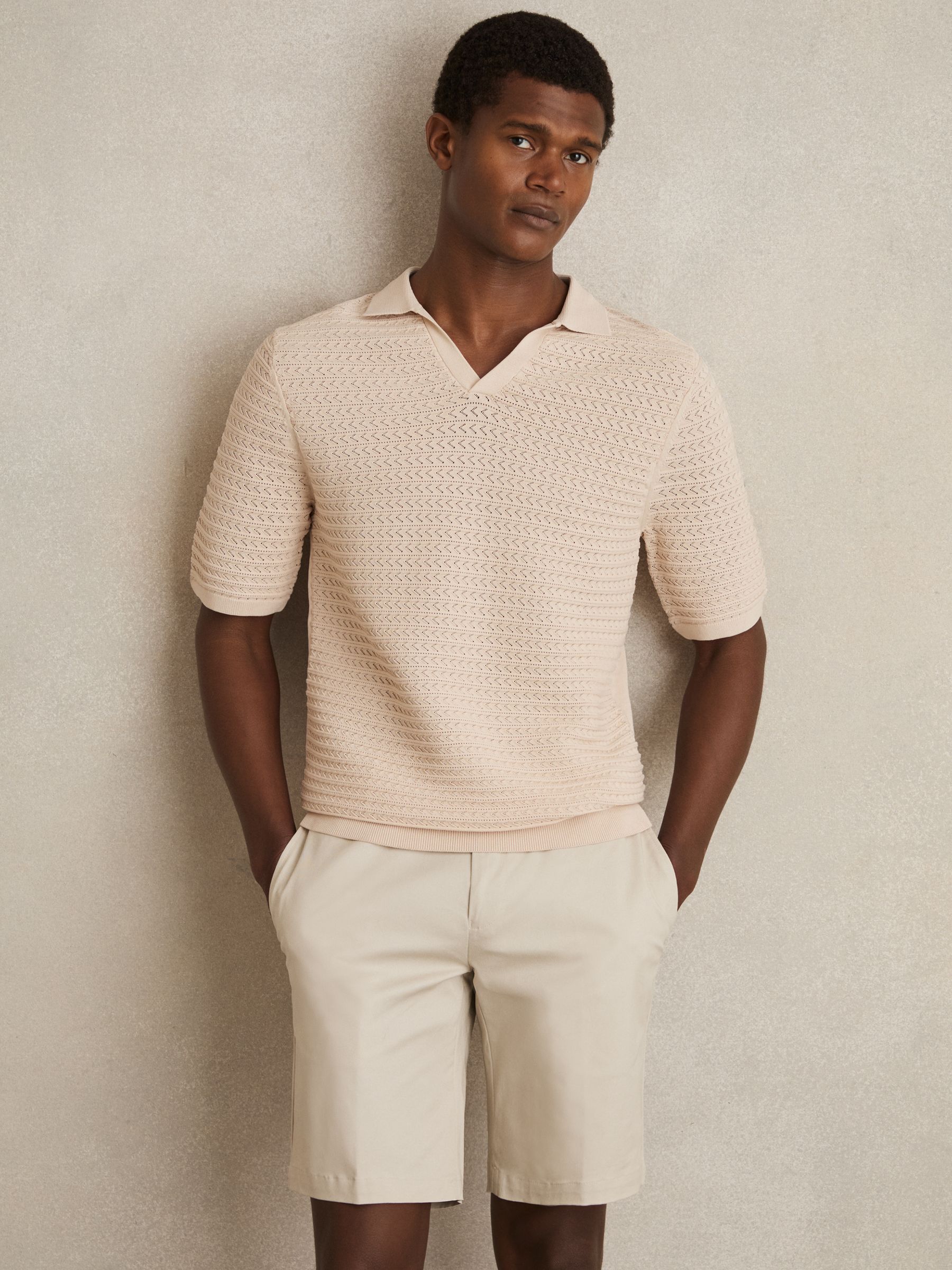 Pointelle Open-Collar Polo Shirt in Stone - Image 3 of 6