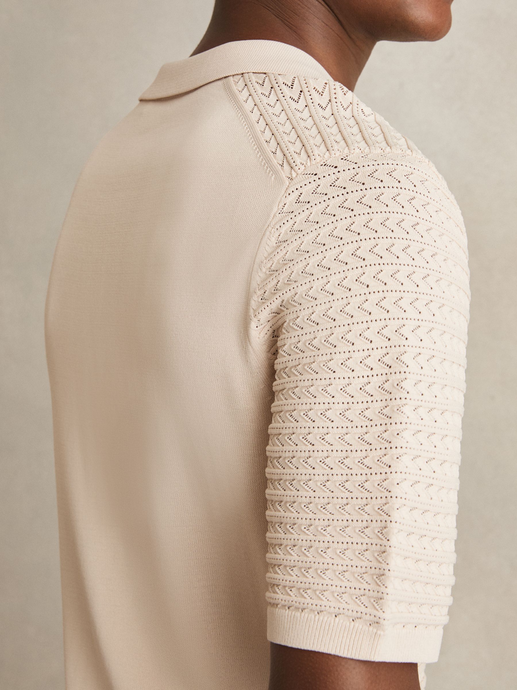 Pointelle Open-Collar Polo Shirt in Stone - Image 4 of 6