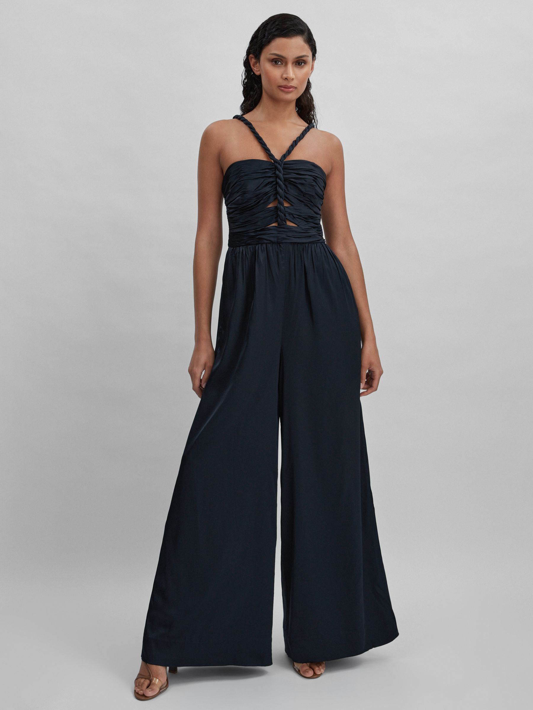 Amur Ruche Detail Wide Leg Jumpsuit in Navy - Image 1 of 6