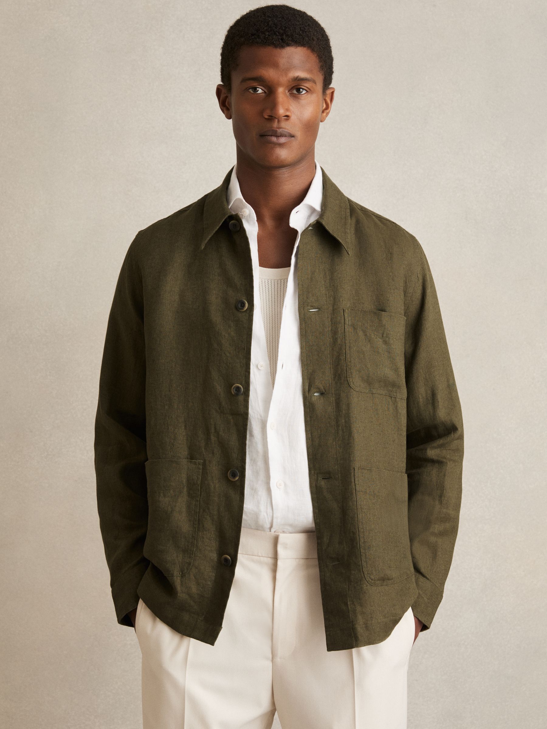 Linen Worker Jacket in Khaki - Image 1 of 7