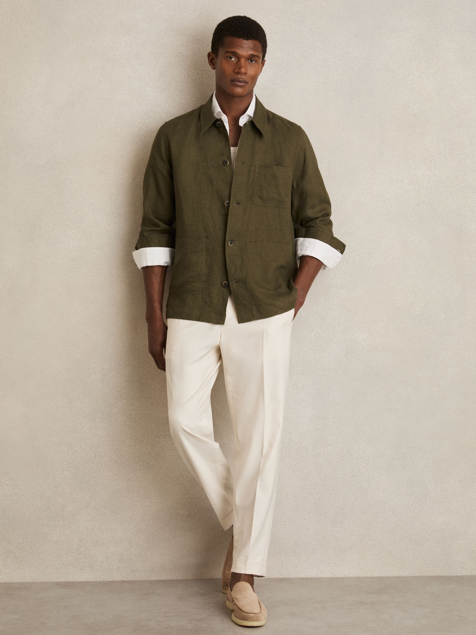 Linen Worker Jacket in Khaki - Image 3 of 7